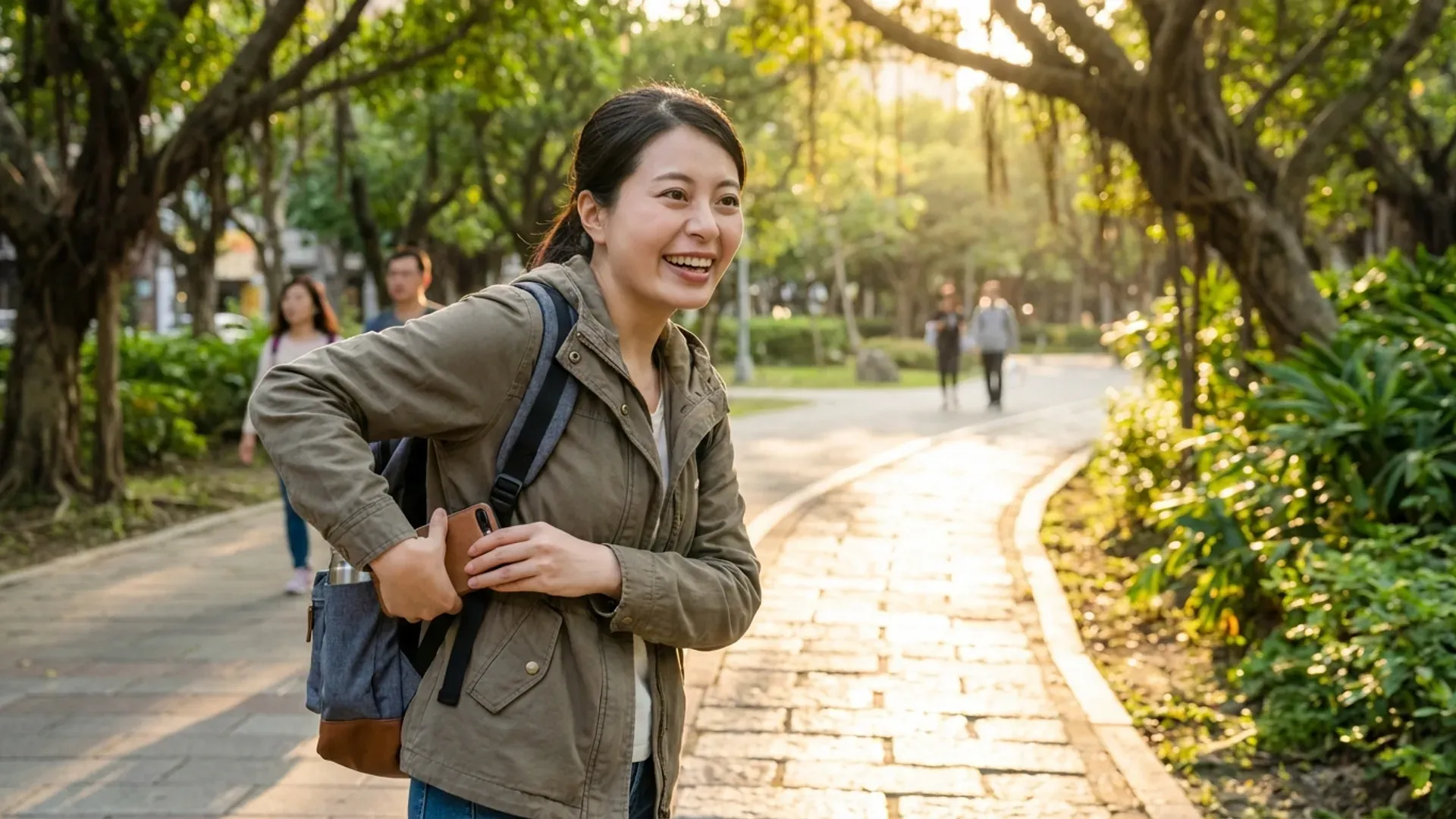 年輕女性放下手機走向戶外公園步道，陽光灑落充滿自由感