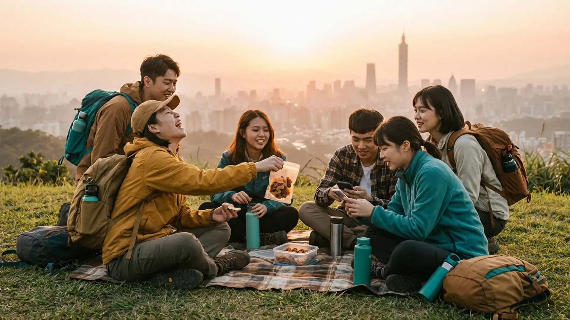 一群年輕朋友在台北山丘上分享零食與歡笑，背景是夕陽下的台北天際線
