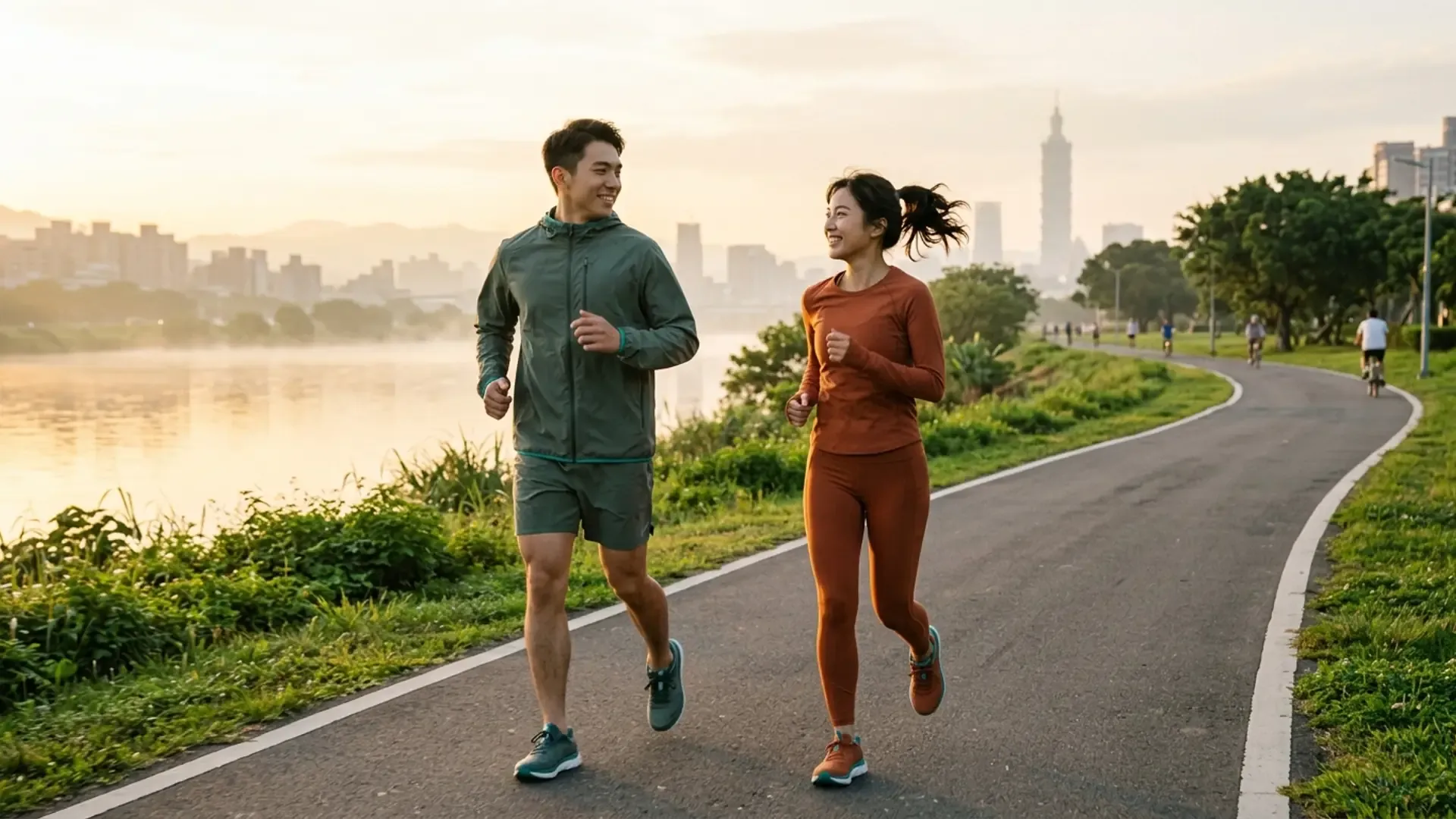 台灣男女兩位朋友清晨在台北河濱互相督促跑步，背景台北 101，傳達 accountability partner 互相督促運動的真實感