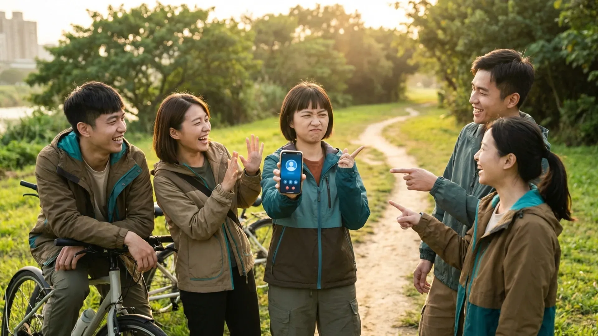 一群年輕朋友在台北河濱公園，一人秀出交友軟體手機螢幕表示懷疑，其他人笑著指向戶外步道