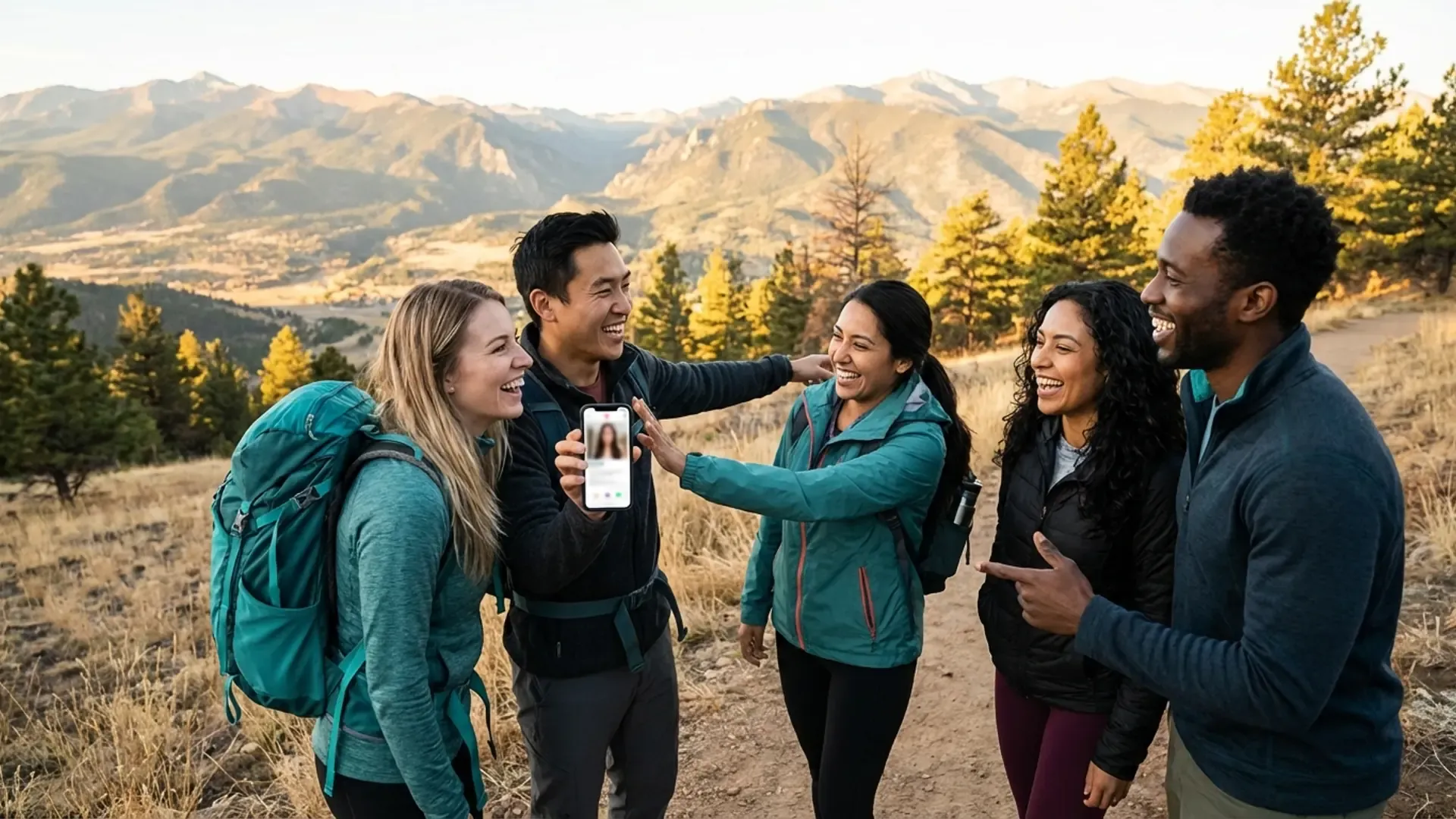 Diverse group of friends laughing on a Colorado mountain trail, one showing a dating app on phone while others playfully wave it away
