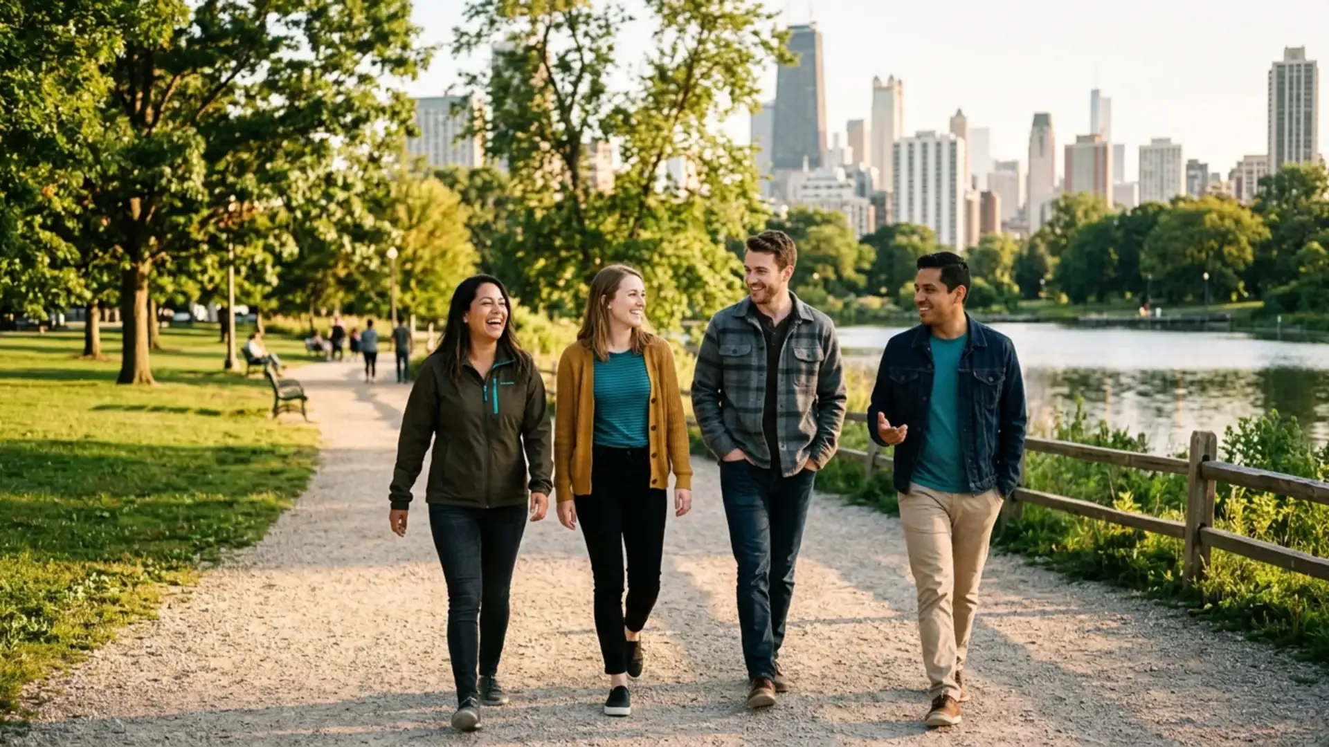 Four friends walking together on a gravel path through a large urban park on an evening after work, with a lake and a downtown skyline behind the trees
