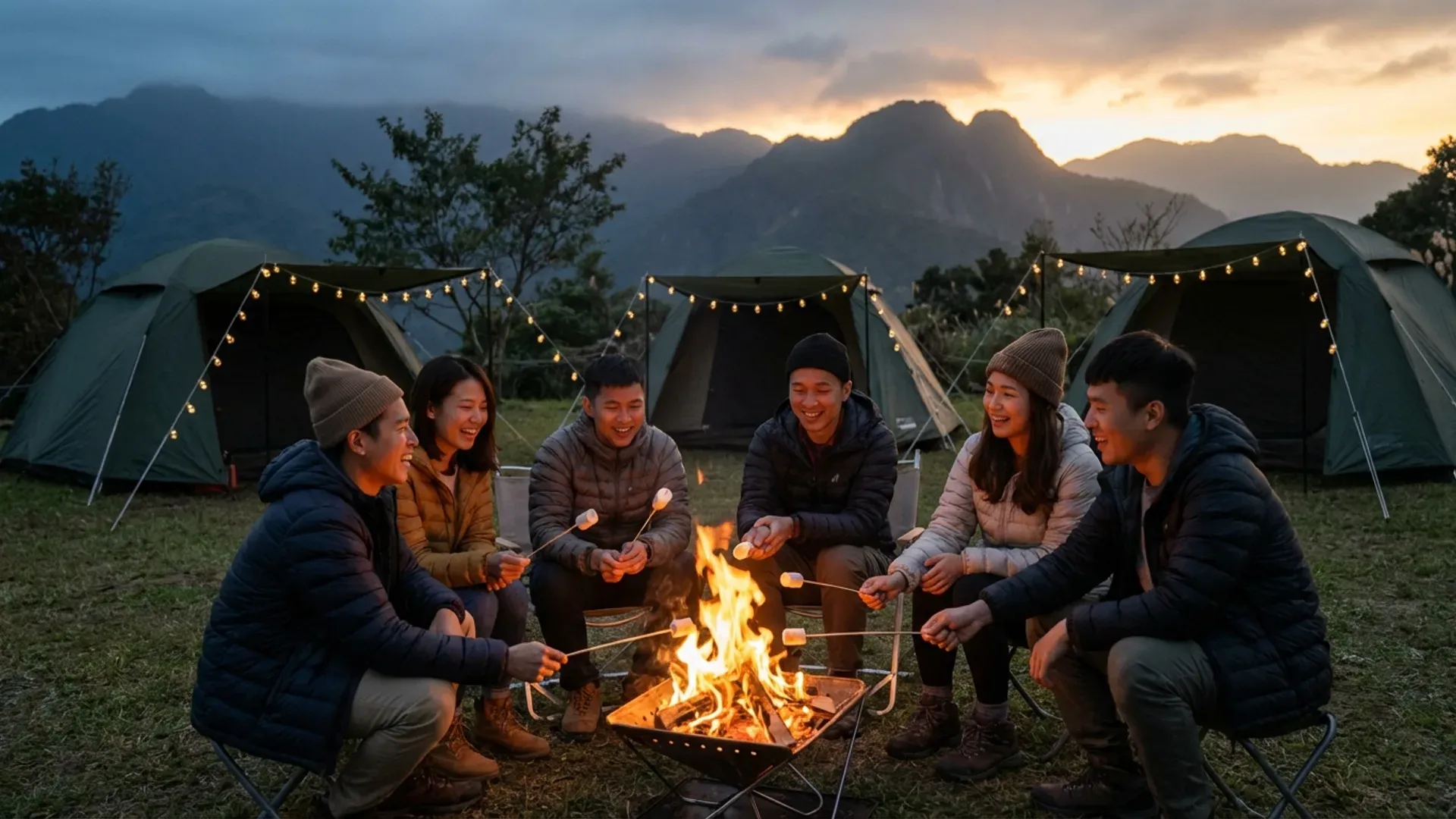 年輕人在台灣山區營地圍著營火聊天歡笑，帳篷和暖色燈串為背景