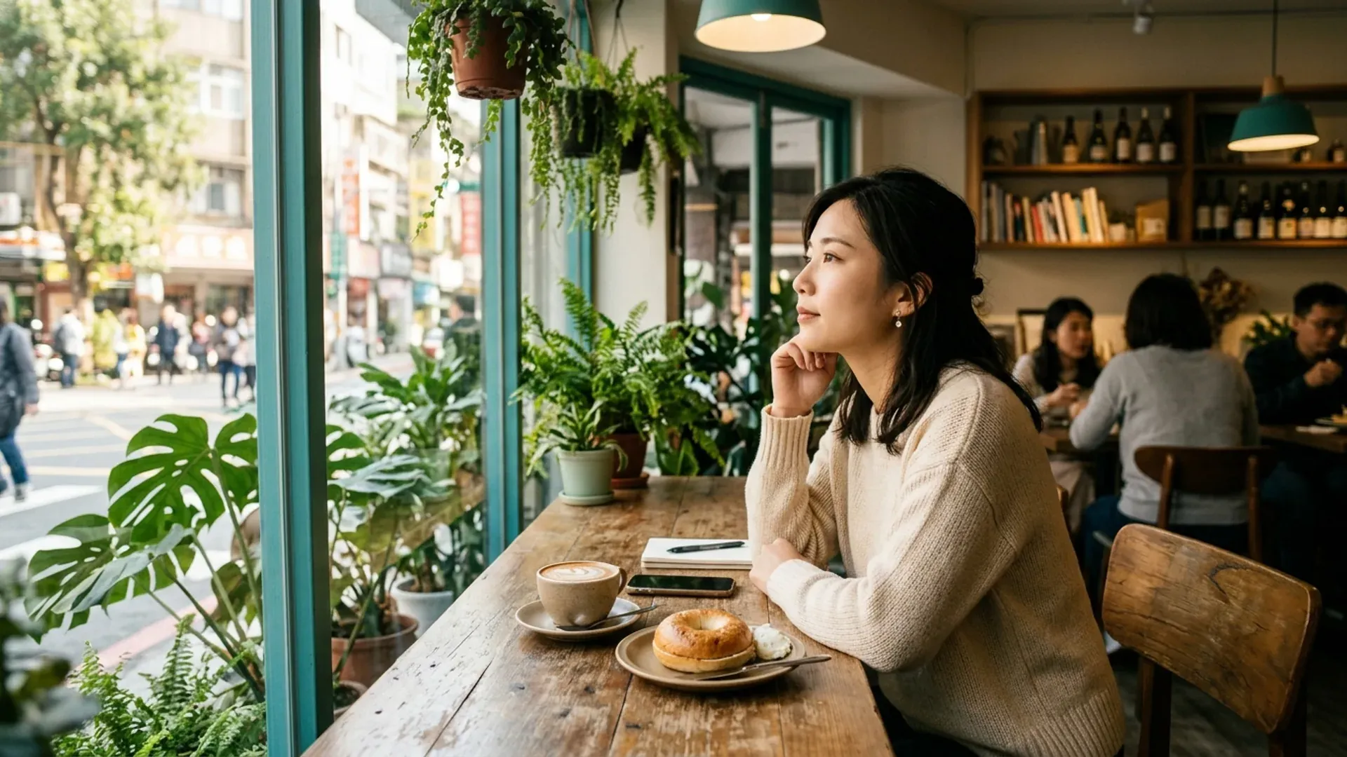 一位年輕女性在台北綠意咖啡廳的窗邊座位，桌上放著咖啡與貝果、手機朝下擱在一旁，望向窗外若有所思