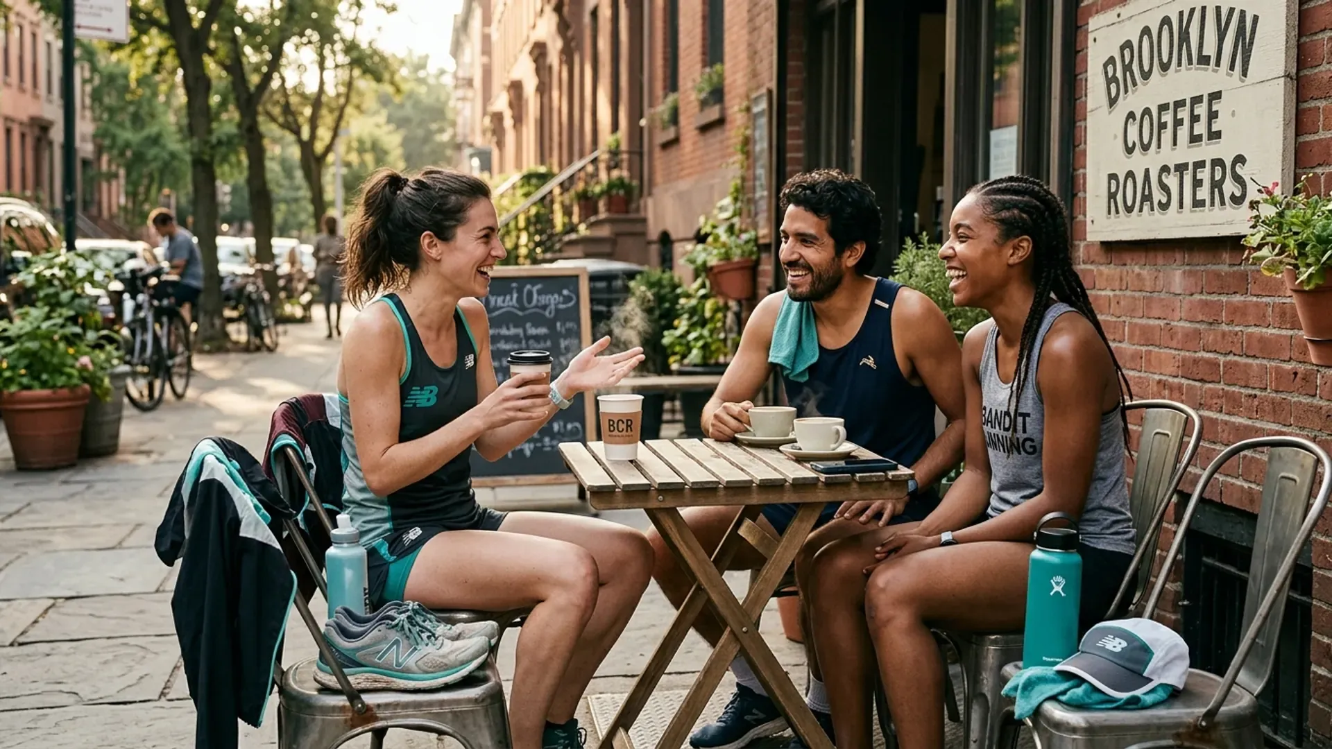 3 multicultural runners (Caucasian, Latino, Black) gathered at a Brooklyn specialty coffee shop sidewalk seating after a morning coffee run, laughing and chatting — embodying the coffee run club culture where post-run coffee is the actual event