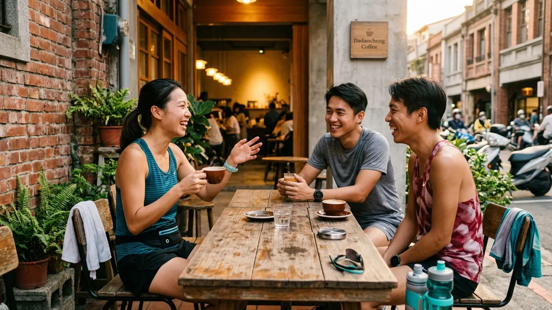 3 位東亞跑者在大稻埕風格咖啡店外面跑完後喝咖啡聊天，呼應 coffee run 文化（跑步只是進場儀式，咖啡聊天才是主場）