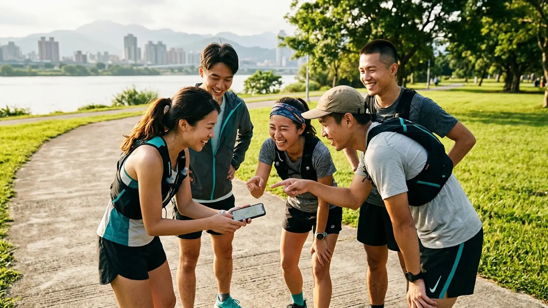 五位台灣跑者在河濱步道圍著手機一起規劃跑步路線，歡笑破冰，背景是河景與城市天際線