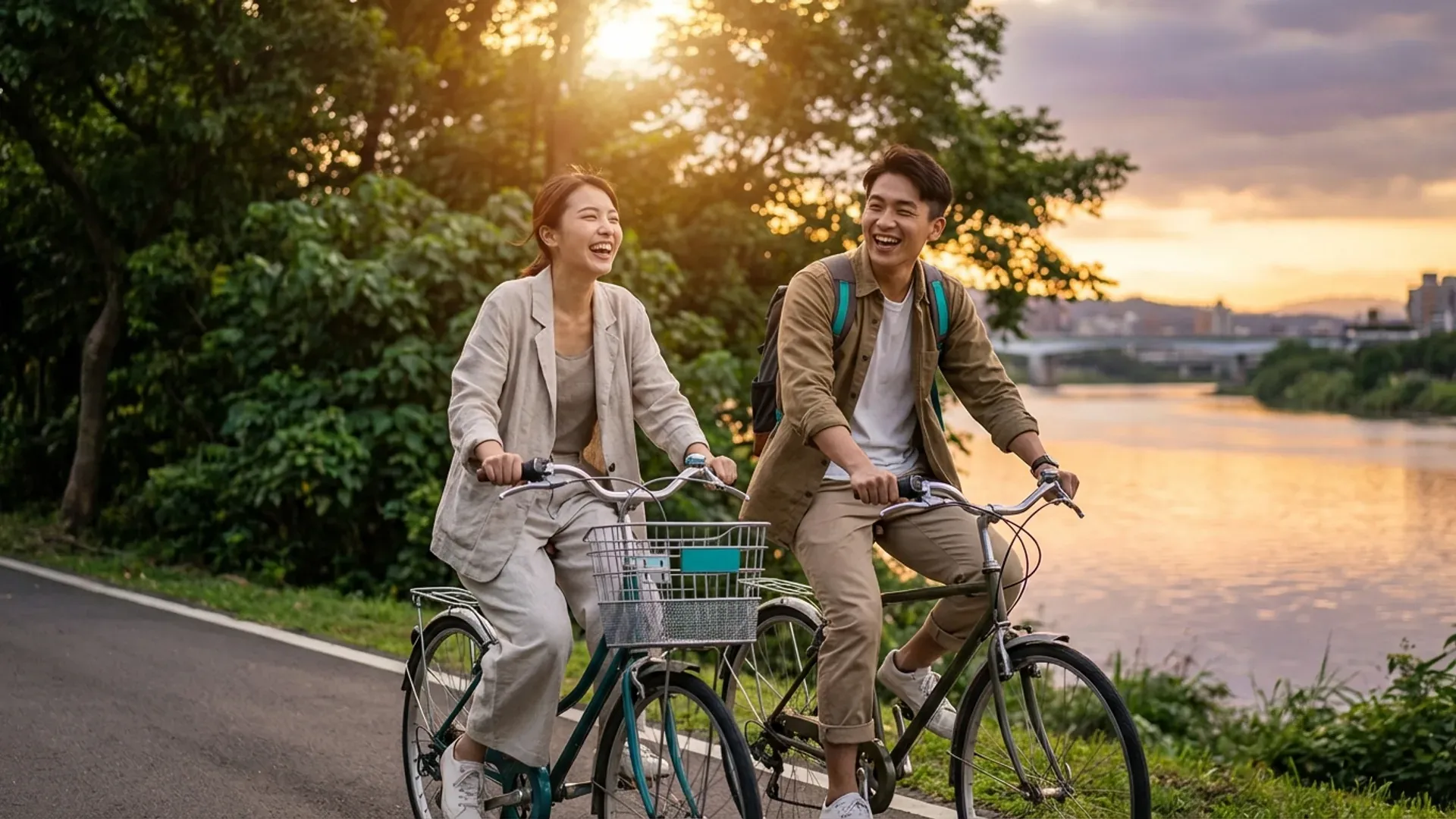 一對年輕情侶在台北河濱自行車道上並肩騎車 夕陽金色光線下自然歡笑