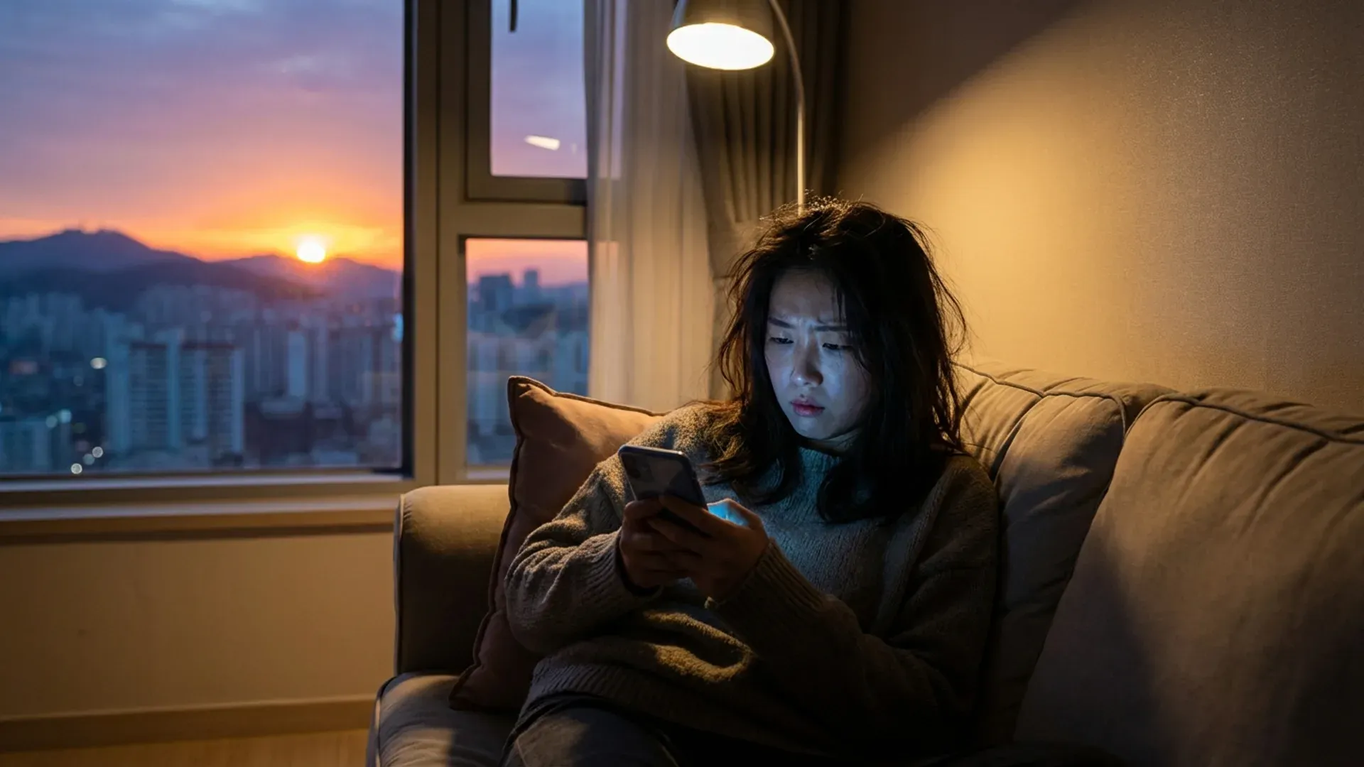 年輕女性疲憊地看著手機螢幕，窗外明亮的戶外場景暗示另一種選擇