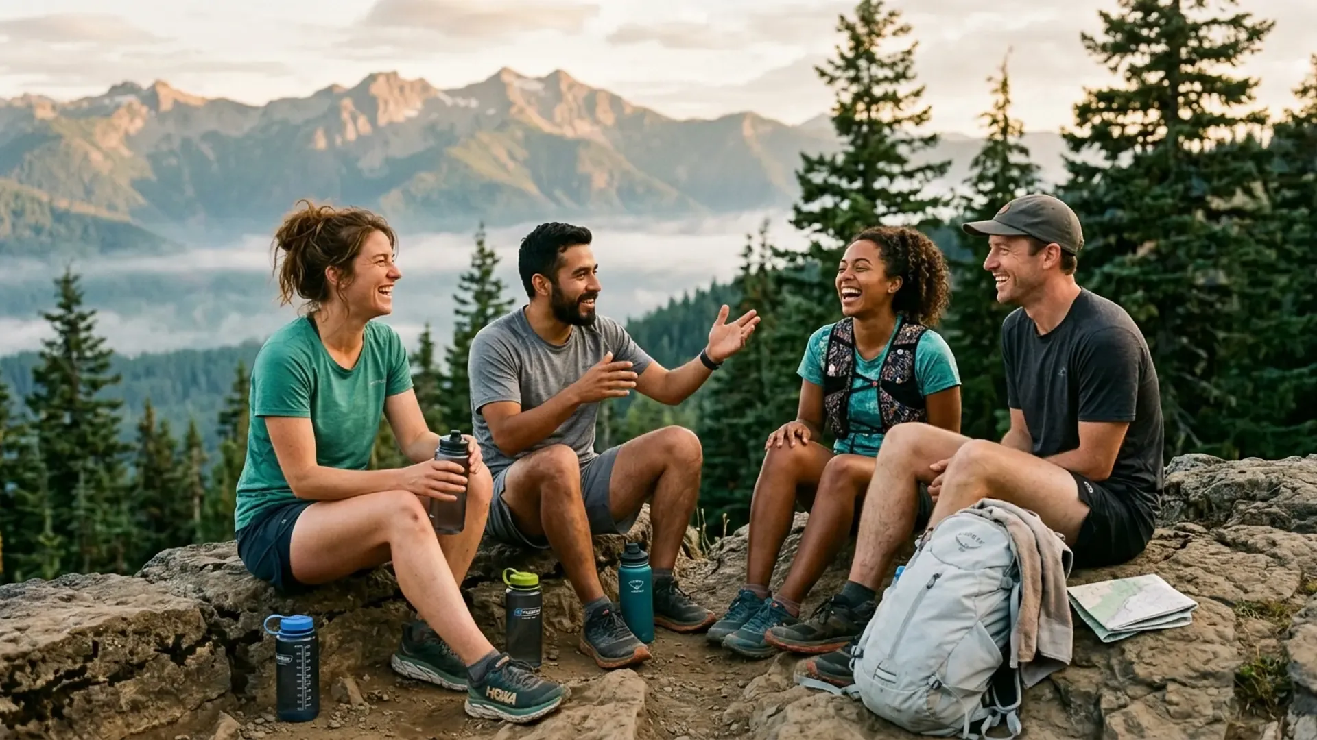 Four friends laughing and talking after a trail run at a mountain overlook in the Pacific Northwest, no phones in sight