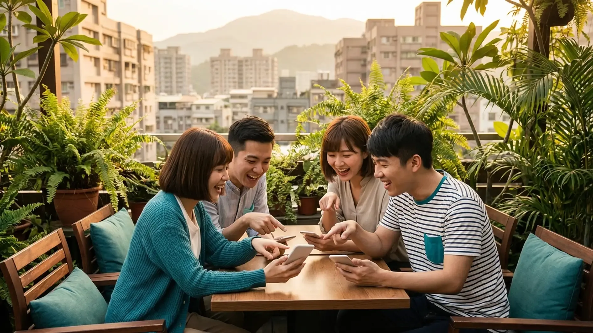 一群年輕朋友在台北戶外咖啡廳比較手機上的交友軟體，歡笑互動