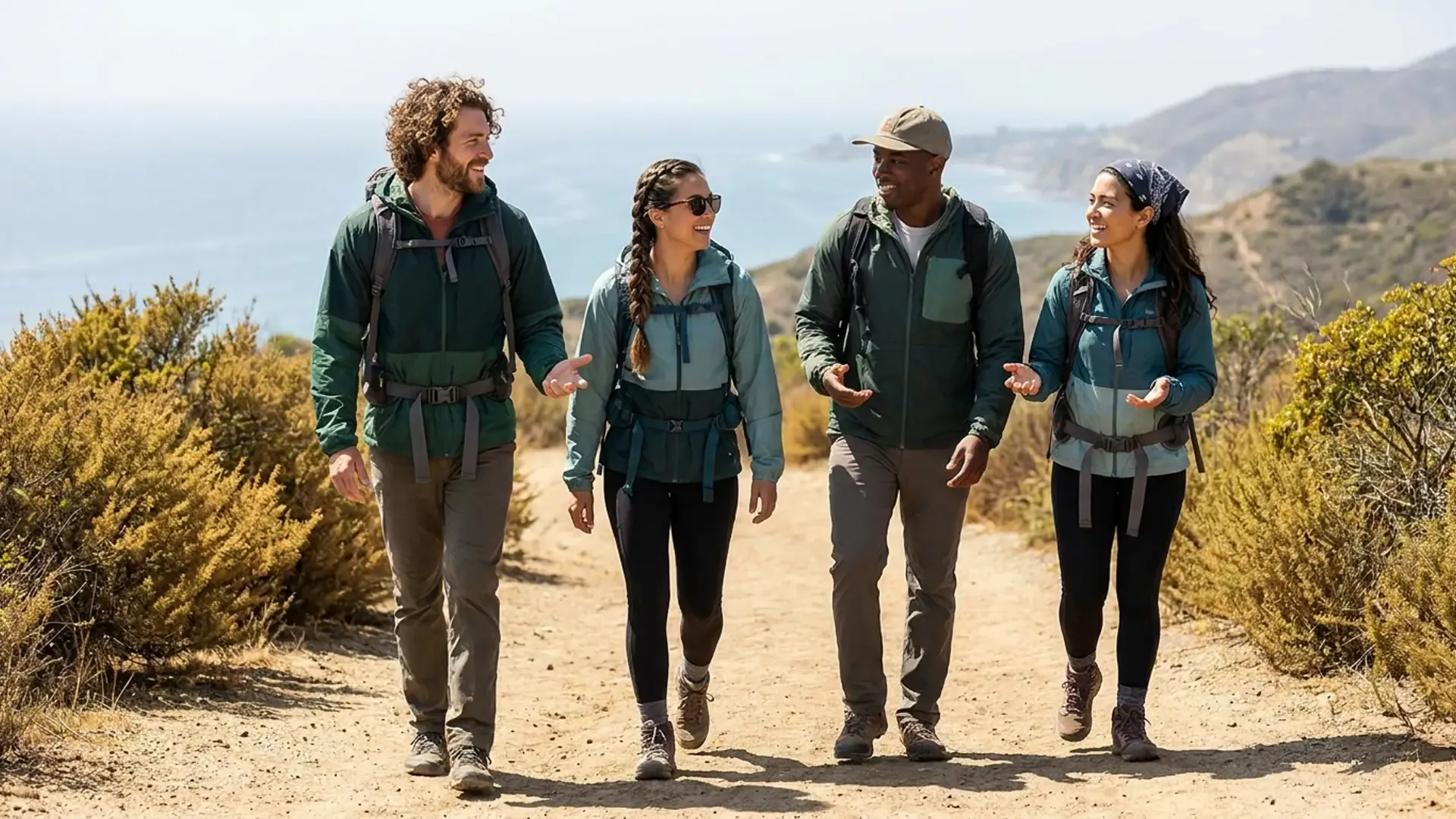 Diverse group of four friends walking together on a coastal trail in Southern California — meeting safely through outdoor activities, not dating app screens