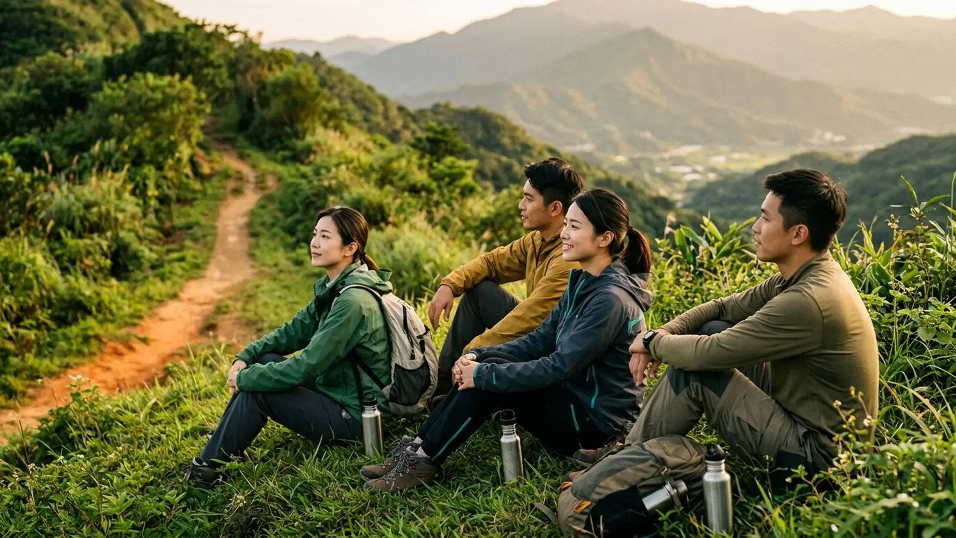 四位年輕亞洲朋友在台灣山稜步道旁的草坡上並肩而坐、一起望向遠方山景休息，氣氛輕鬆自在，旁邊放著背包與水壺