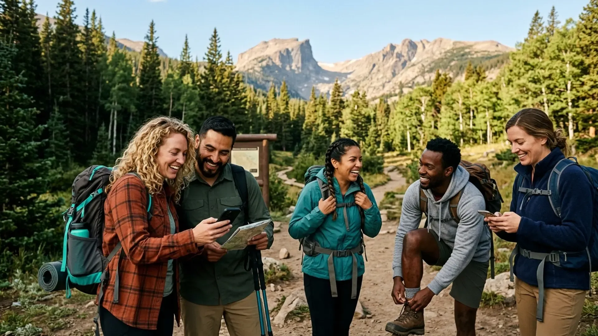 Diverse group of friends laughing together at a Colorado trailhead before a morning hike, checking trail maps and adjusting hiking gear