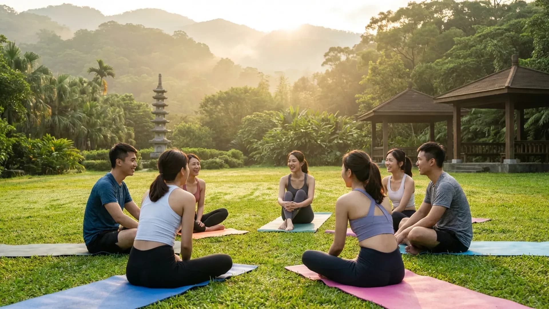 一群年輕人在公園做晨間戶外瑜珈，自然認識彼此的健康社交方式
