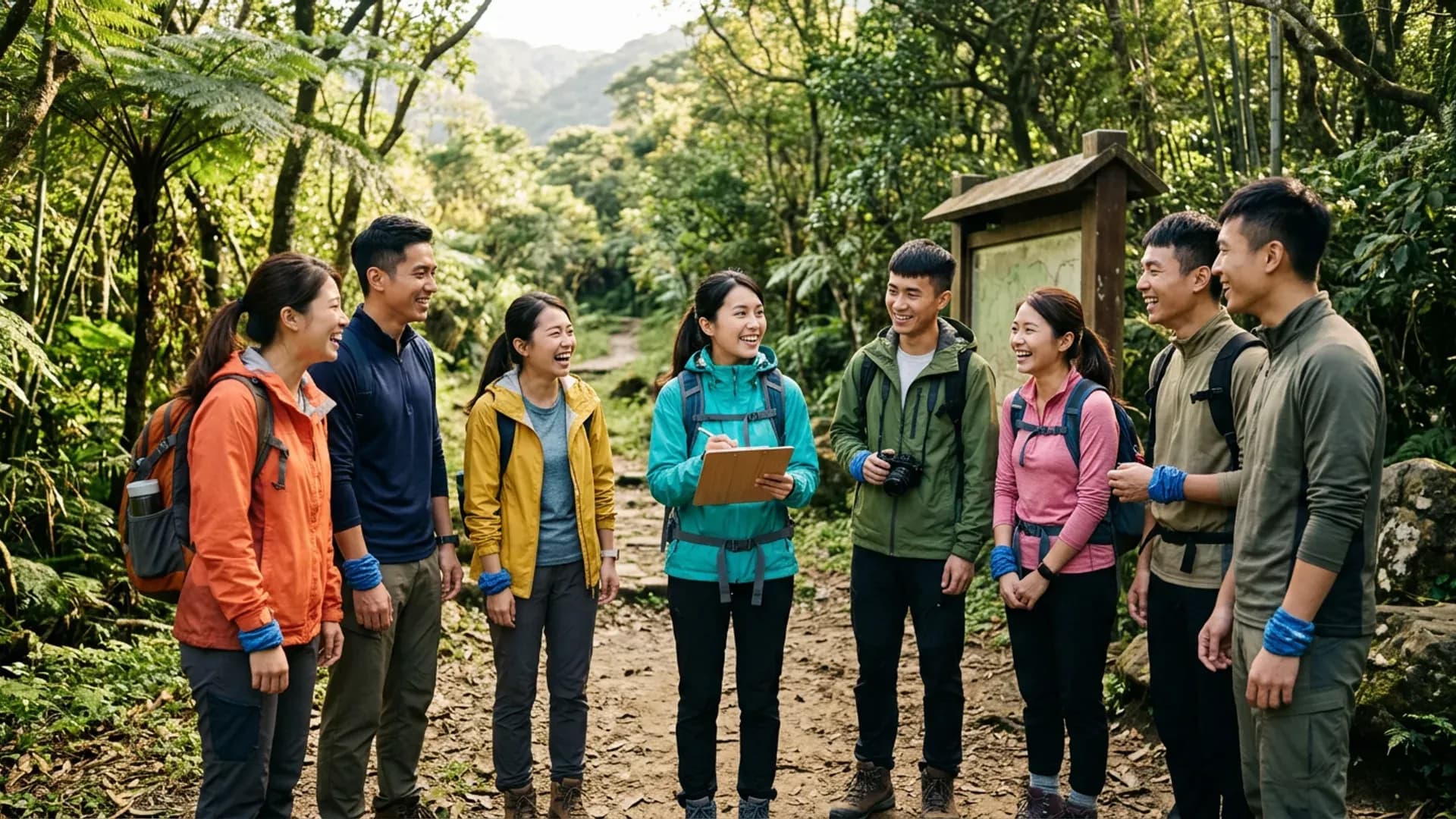 組織完善的戶外團體健行活動，參加者在台灣步道口開心集合準備出發