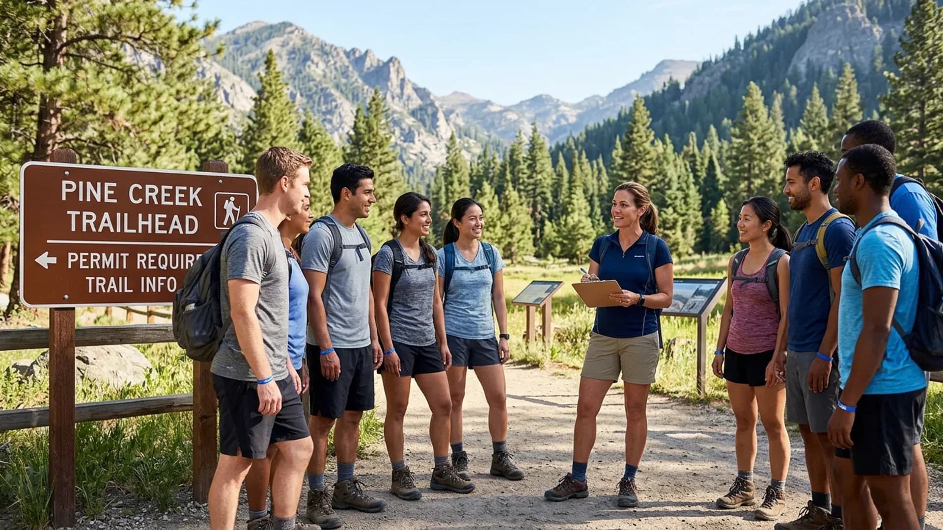 Well-organized outdoor group hike with event wristbands at a national park trailhead