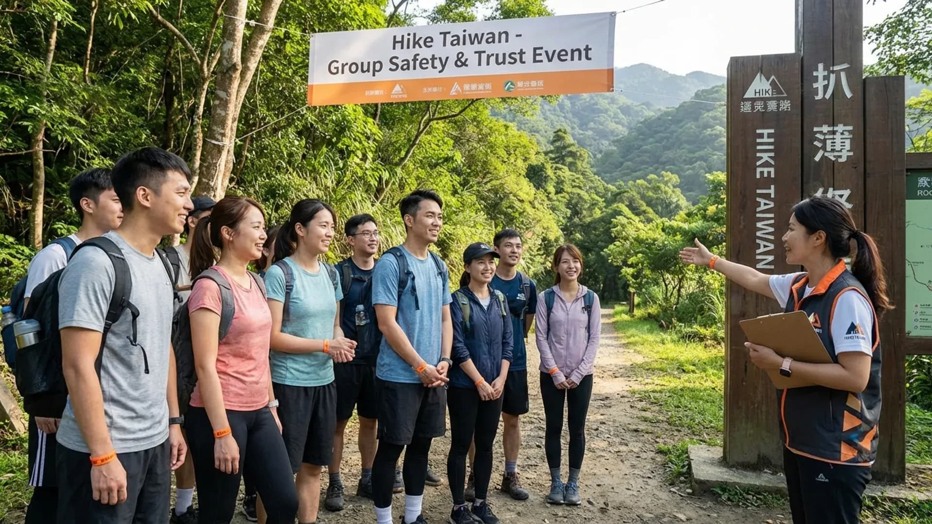 組織完善的戶外團體健行活動，參加者佩戴識別手環在步道口集合