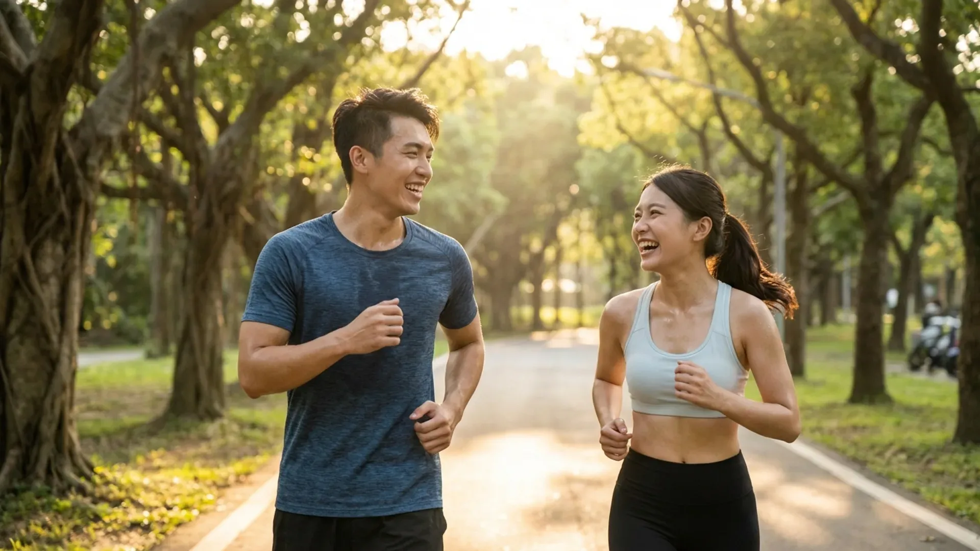 兩位年輕人在公園並肩慢跑，自然微笑對視，展現運動中的吸引力