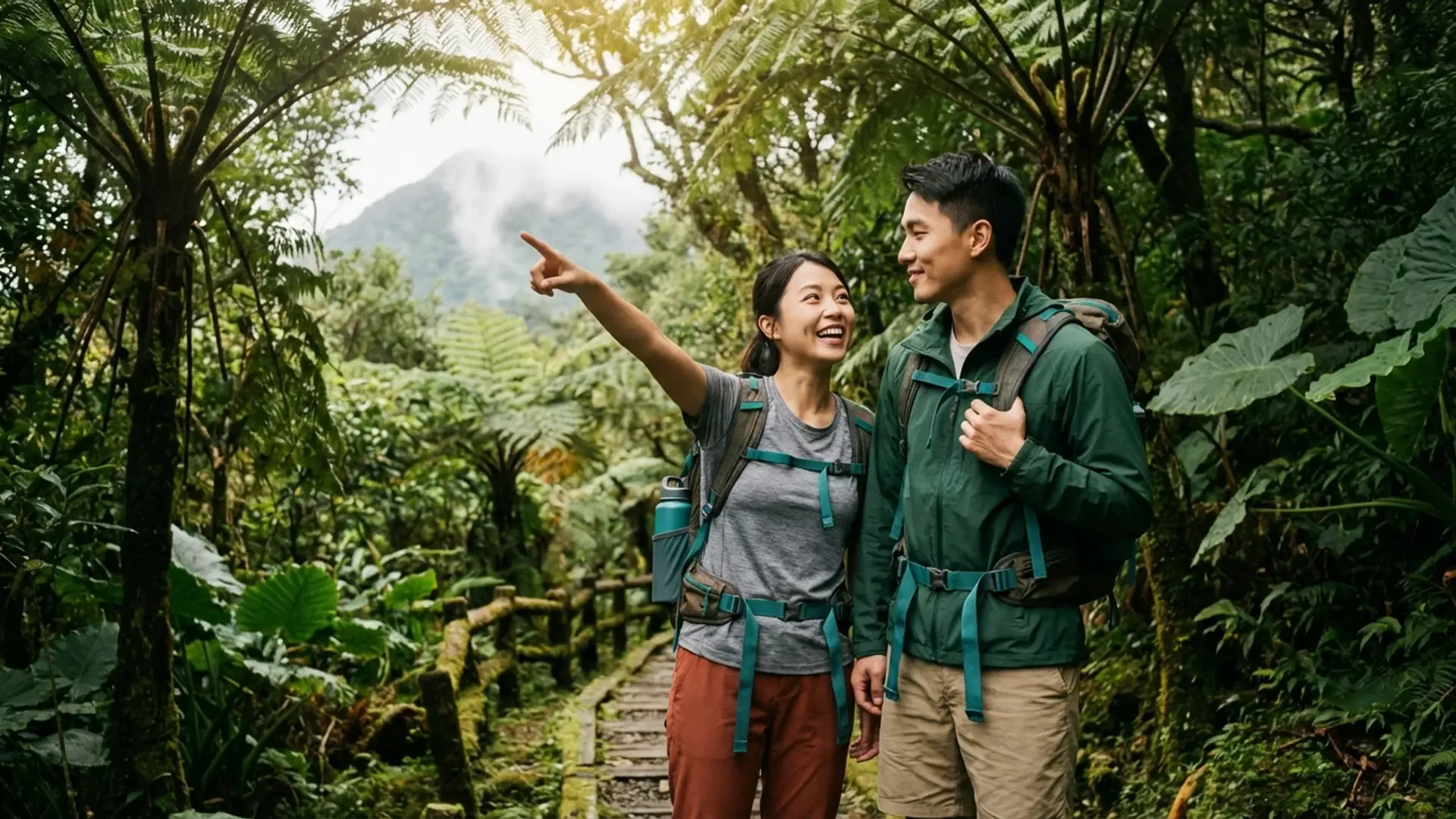 一對年輕情侶在台北近郊森林步道健行，女生興奮指向山景，男生溫暖看著她，亞熱帶森林環境