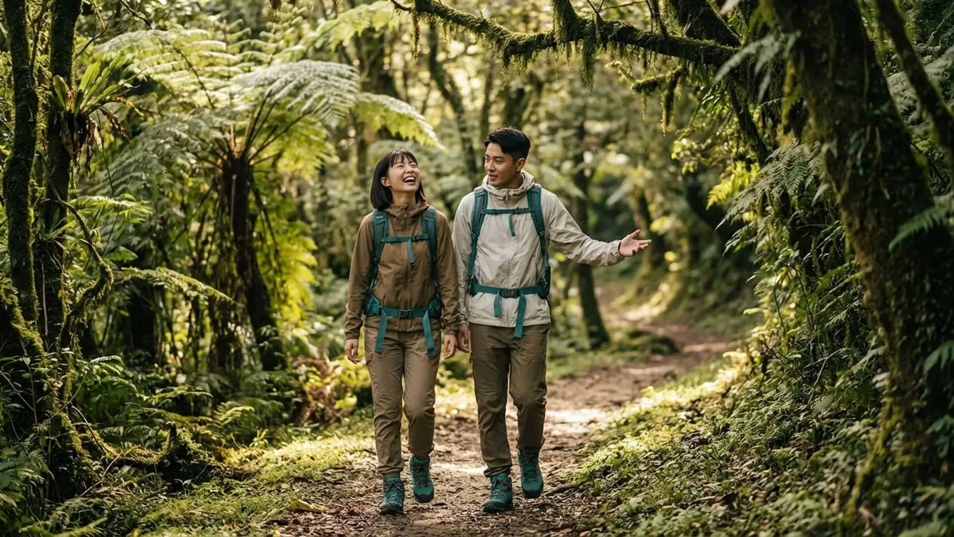 一對年輕男女在台灣森林步道上並肩漫步，周圍是蕨類和苔蘚，陽光從樹冠灑下，展現第一次戶外約會的自然浪漫