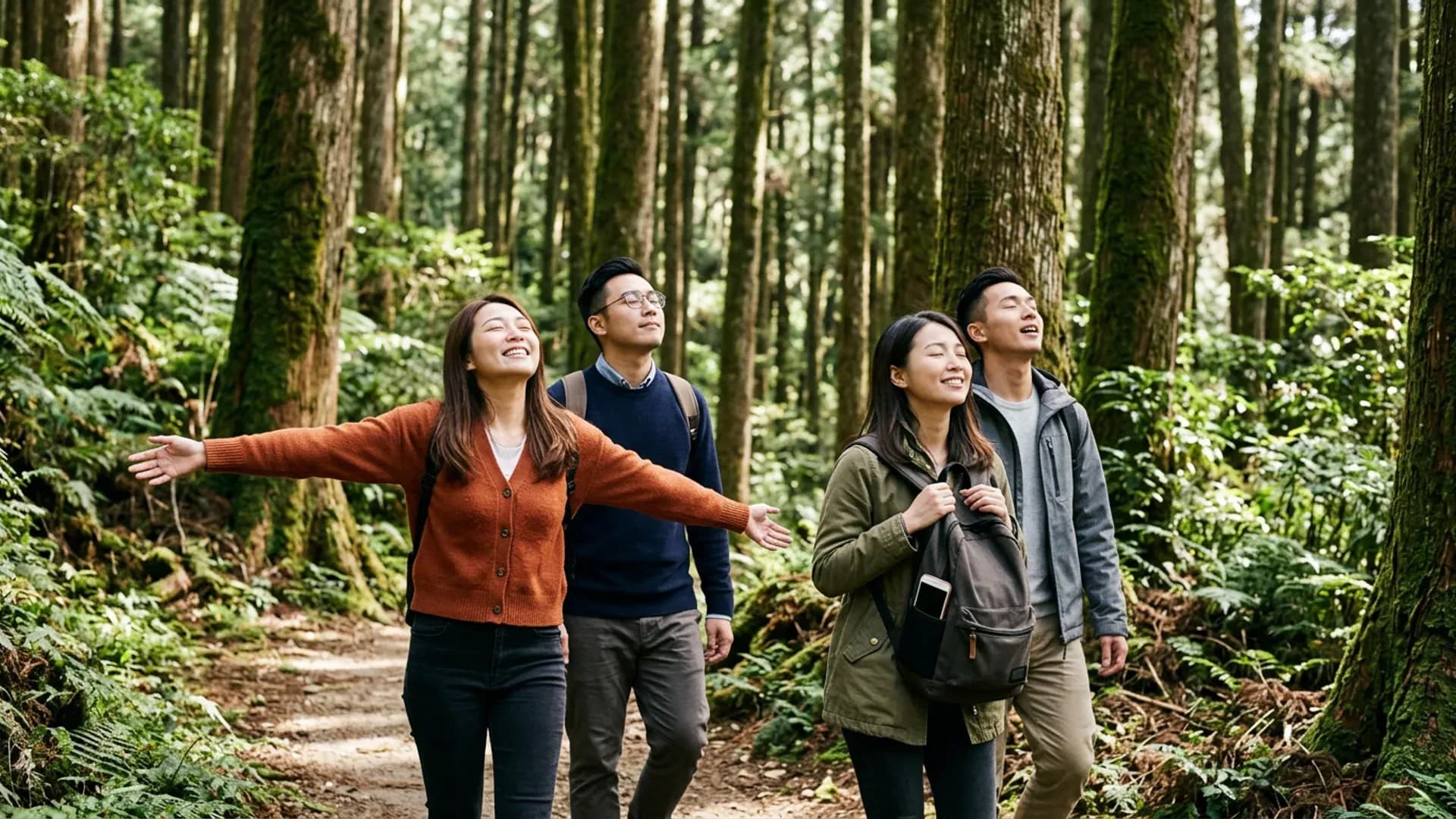 台灣上班族在森林步道進行森林浴，深呼吸感受自然療癒力量