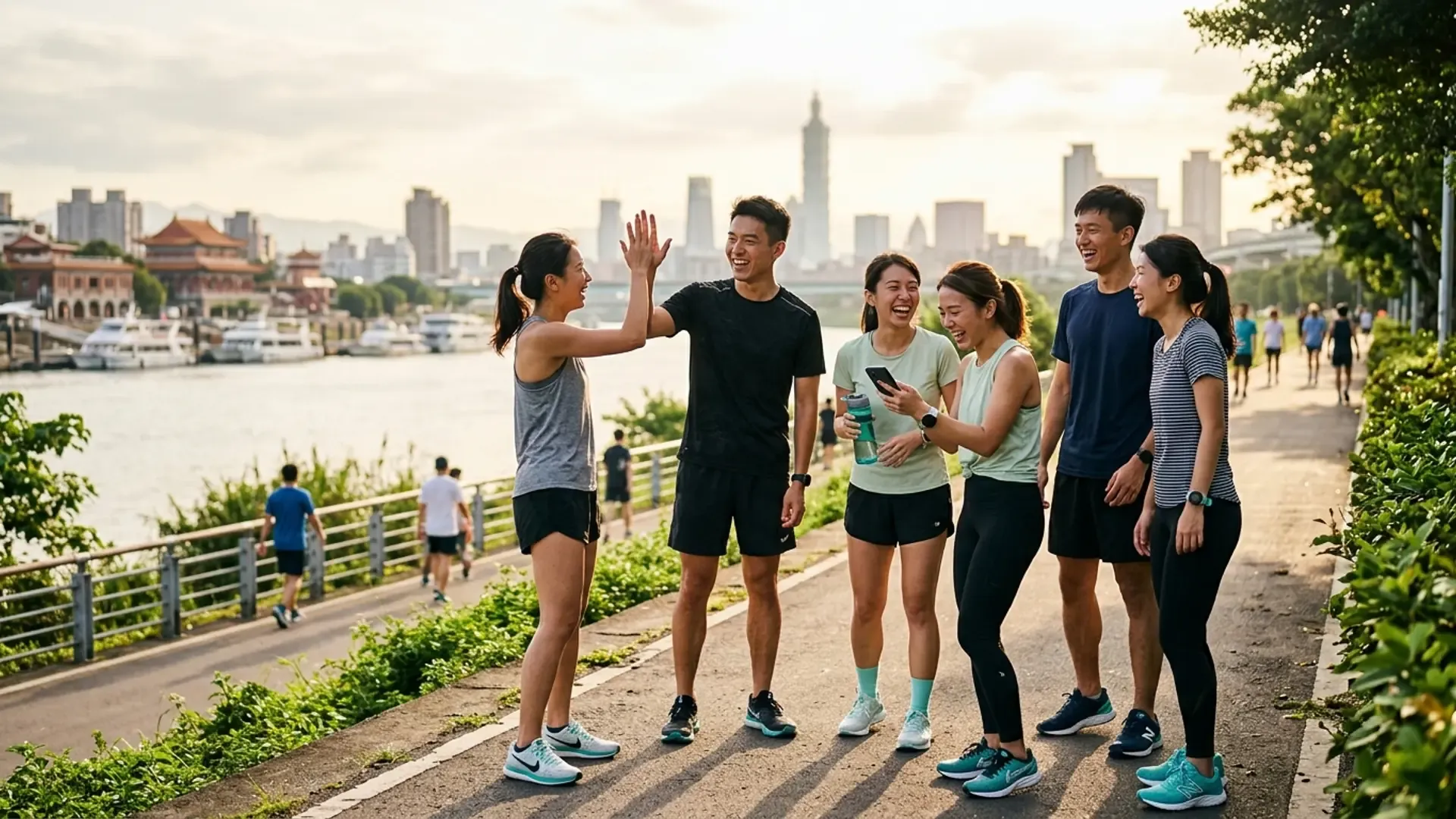 一群年輕人在台北河濱完成晨跑後開心擊掌，背景是城市天際線