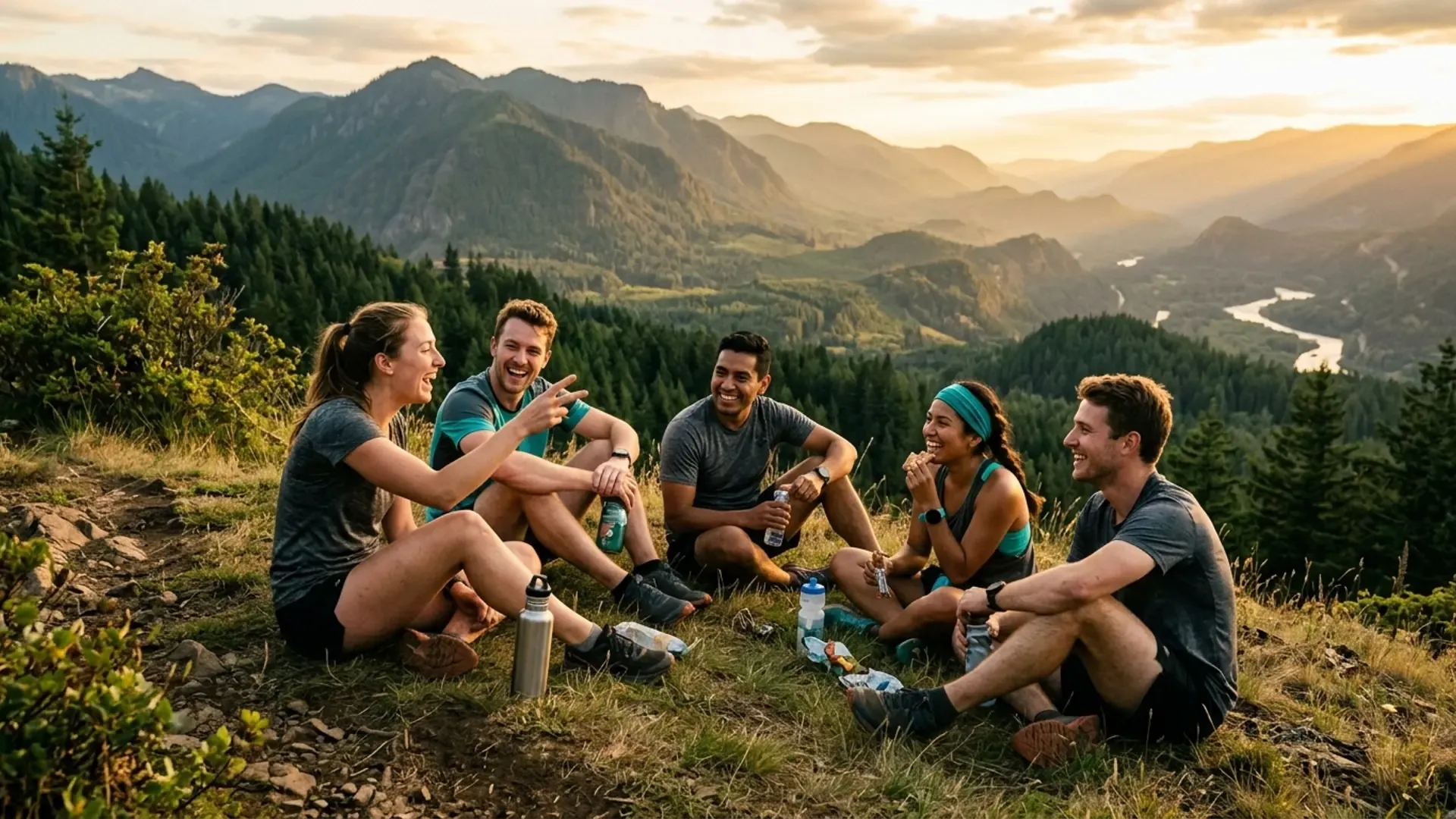 Diverse group of friends laughing together on a mountain overlook at golden hour after a group run