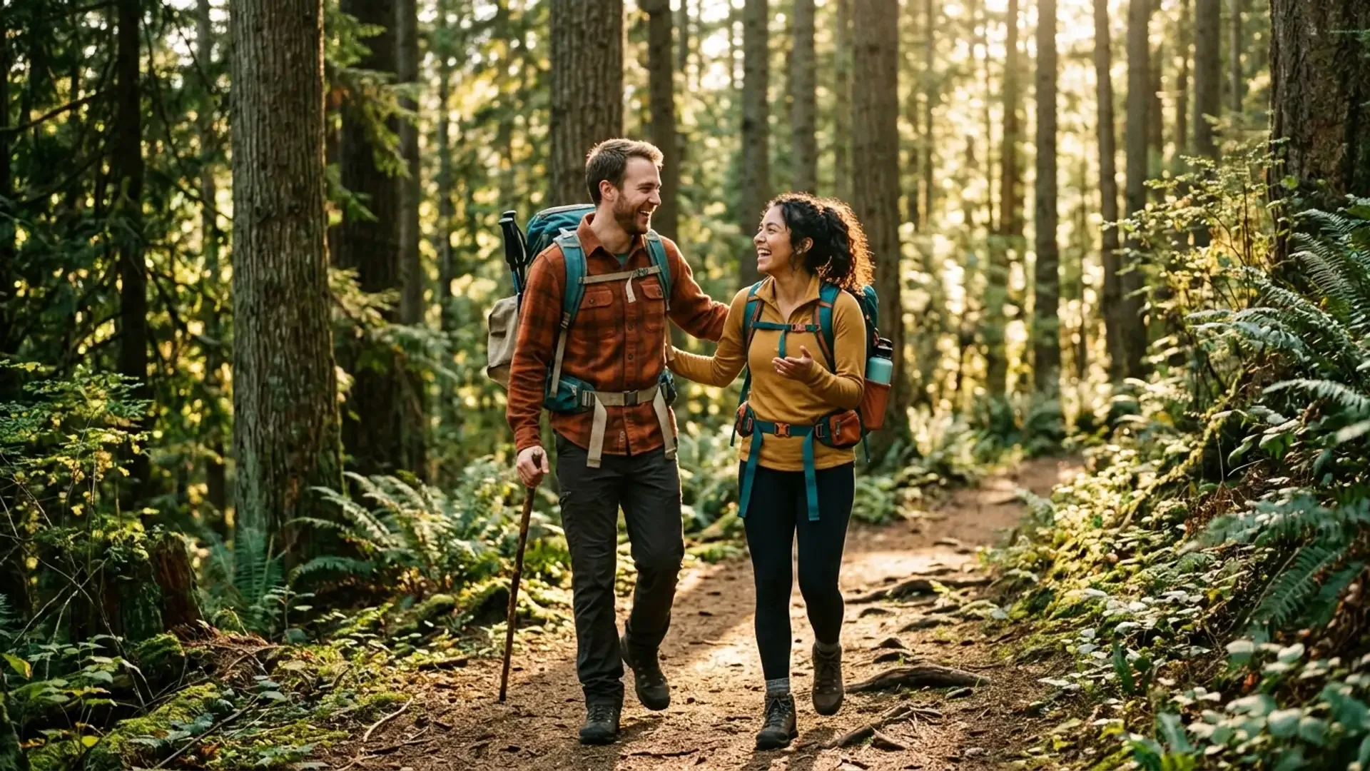 A young couple laughing together while hiking a sunlit forest trail, phones away — a relaxed activity-first first date