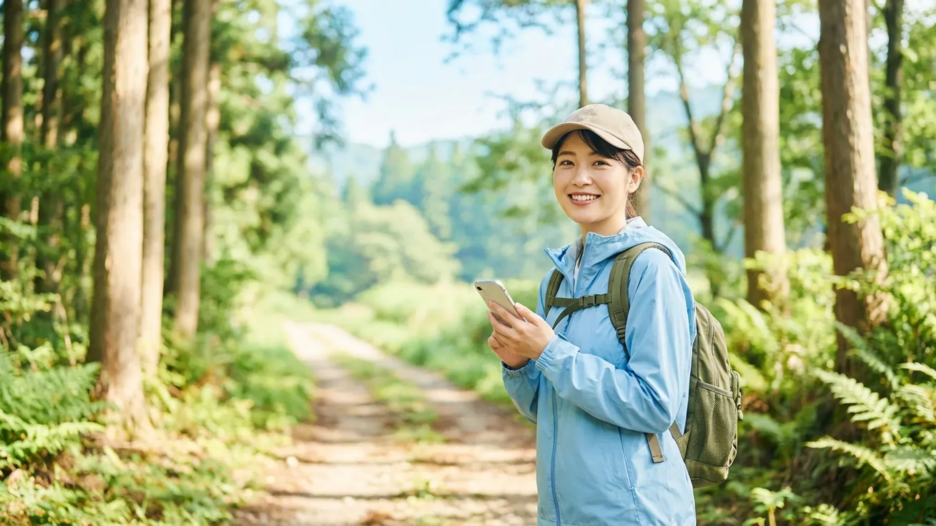 年輕女性在步道入口拿著手機微笑，身後是美麗的森林步道