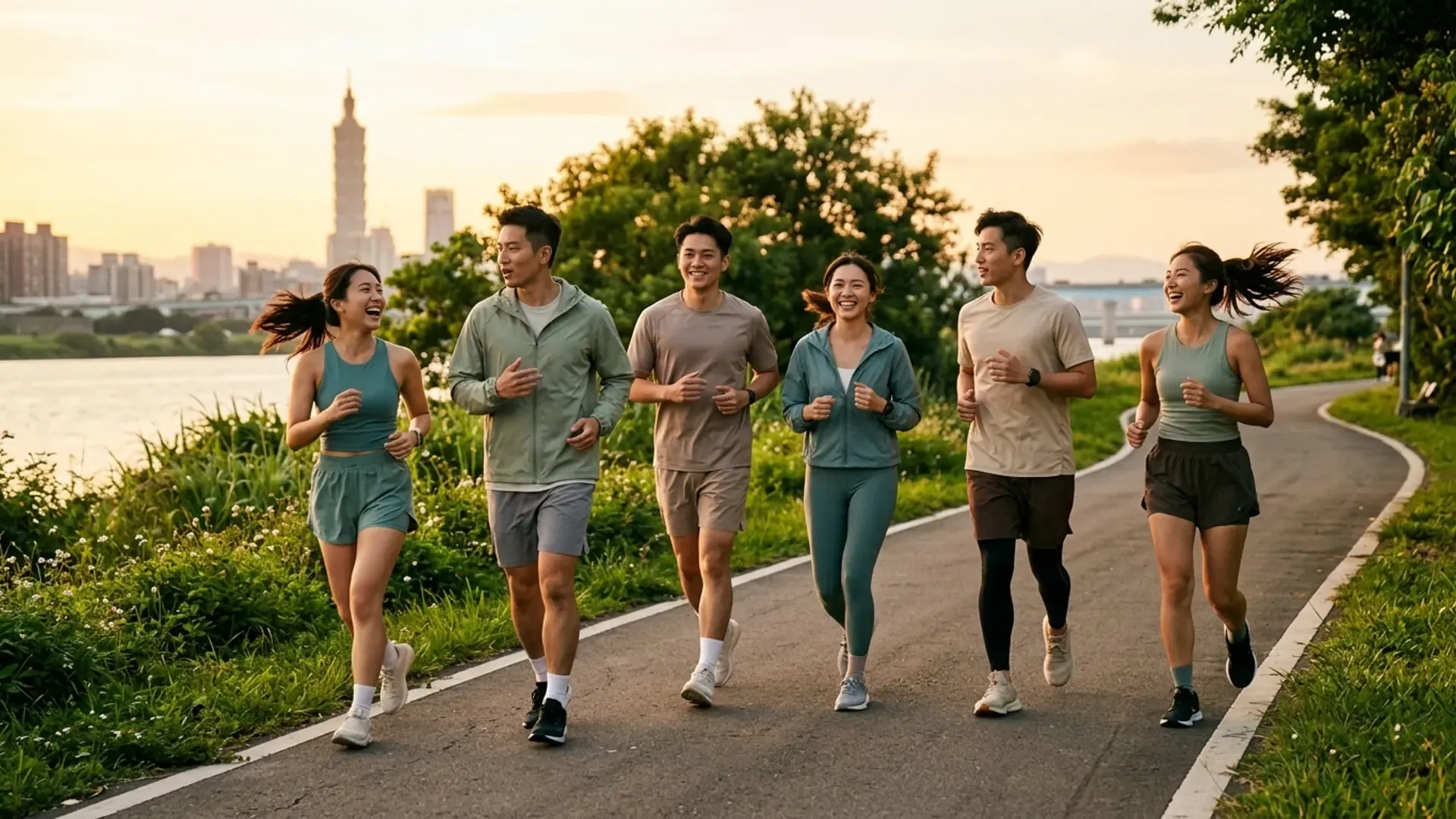 6 位台灣 25-30 歲朋友黃昏在台北河濱跑步團，背景有台北 101，自然笑容傳達 GRASS 揪團真實見面率
