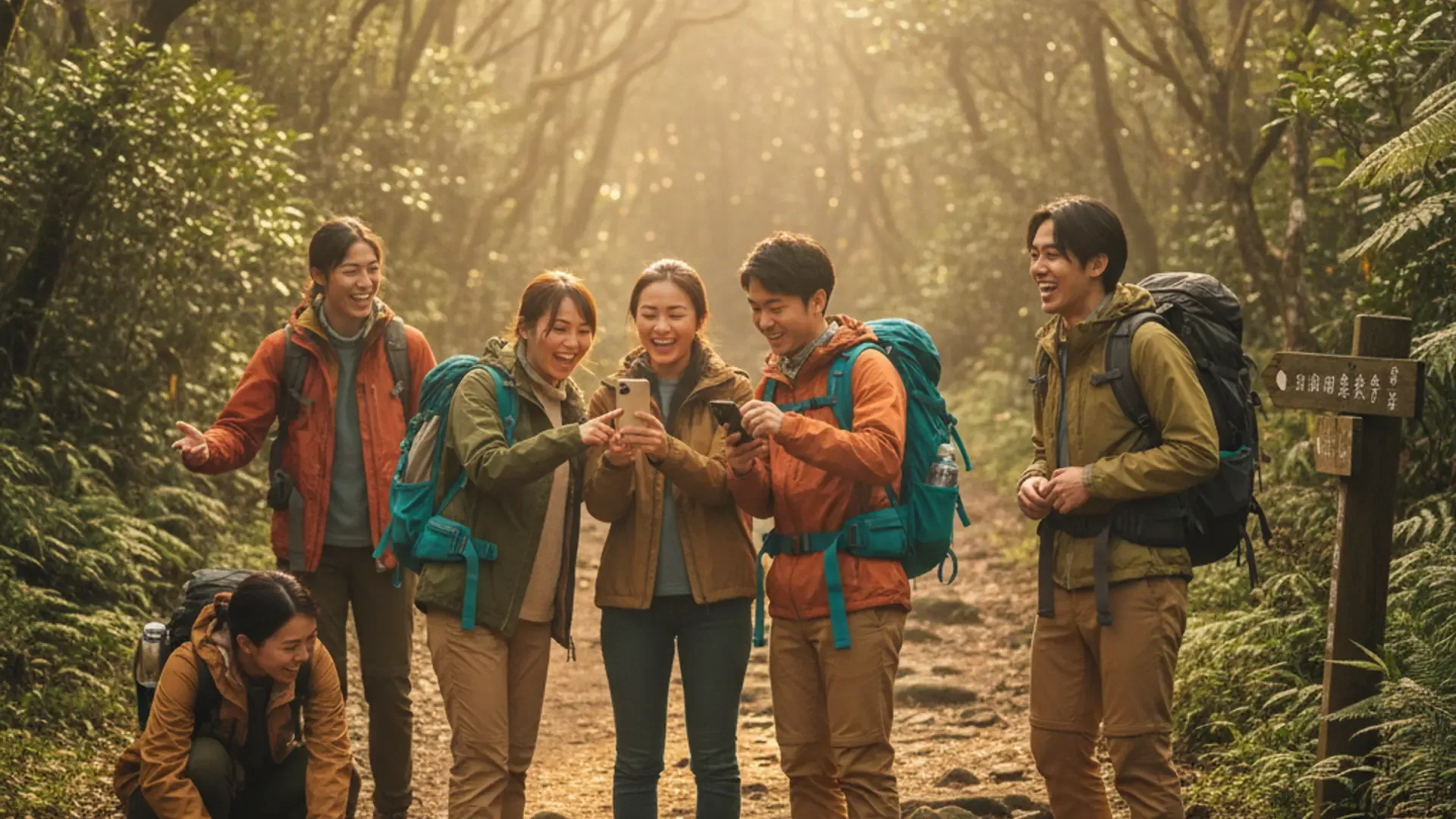 一群台灣年輕朋友在陽明山步道入口集合，興奮地查看手機準備出發健行
