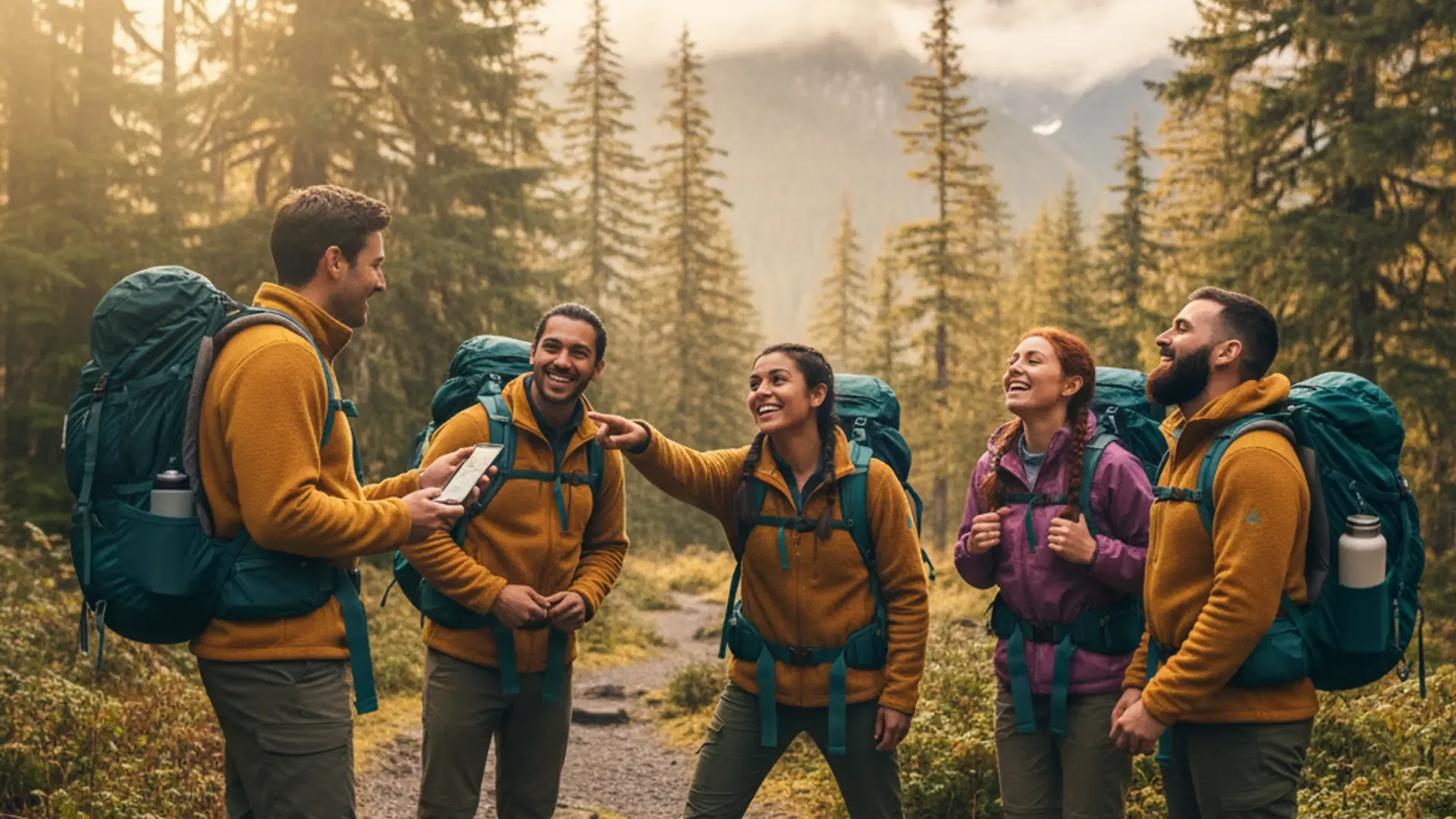 Diverse group of friends preparing for a group hike at a Pacific Northwest trailhead