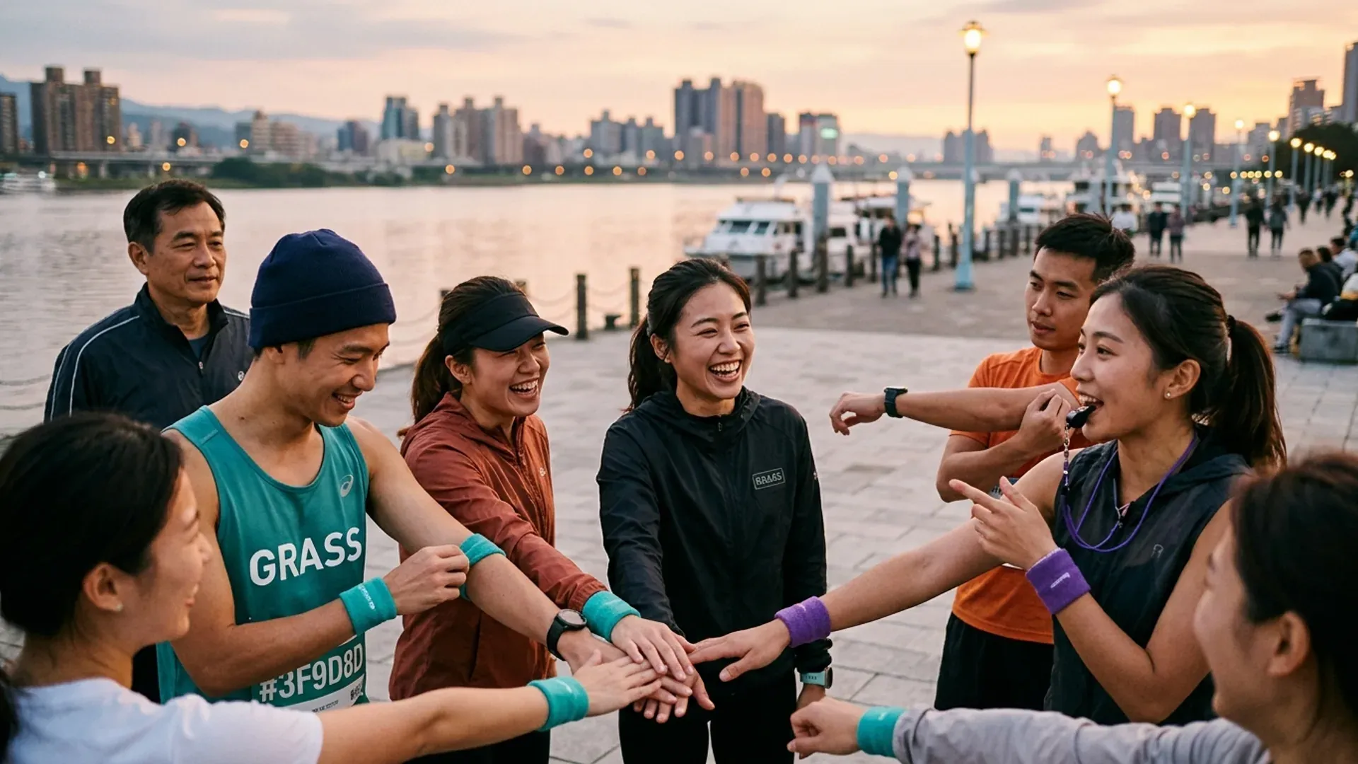 GRASS RUN 第七屆跑前團體破冰，9 位台灣跑者在大稻埕碼頭手疊圈圈、笑著倒數，呈現 I 人友善的結構化社交設計