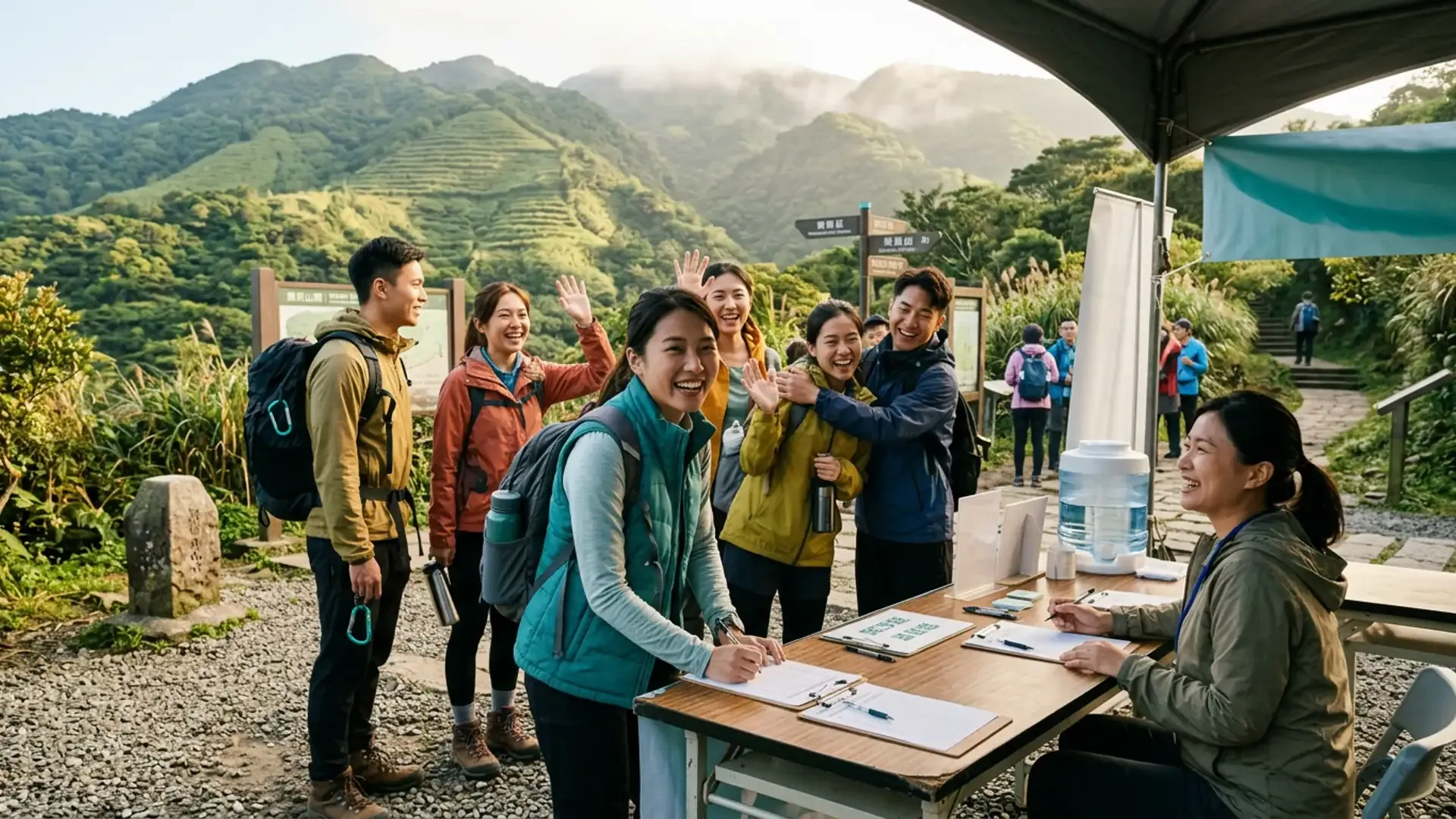 一群年輕朋友在陽明山步道入口報到參加揪團健行活動，公開安全的交友環境