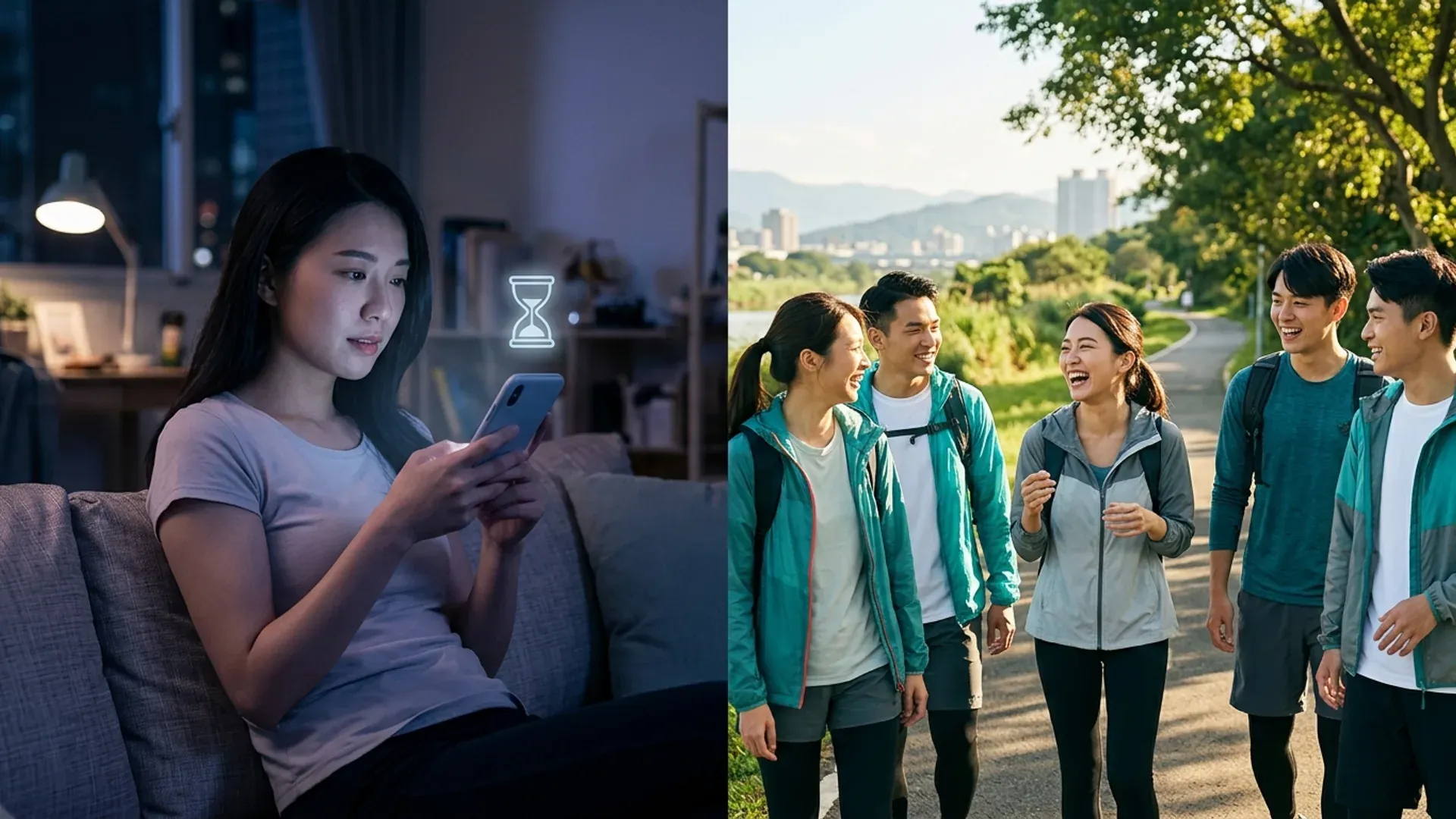 對比畫面：左側女生在台北家中夜晚滑著手機，畫面上漂浮 24 小時計時器隱喻；右側同一女生與朋友在台北河濱戶外活動中歡笑互動