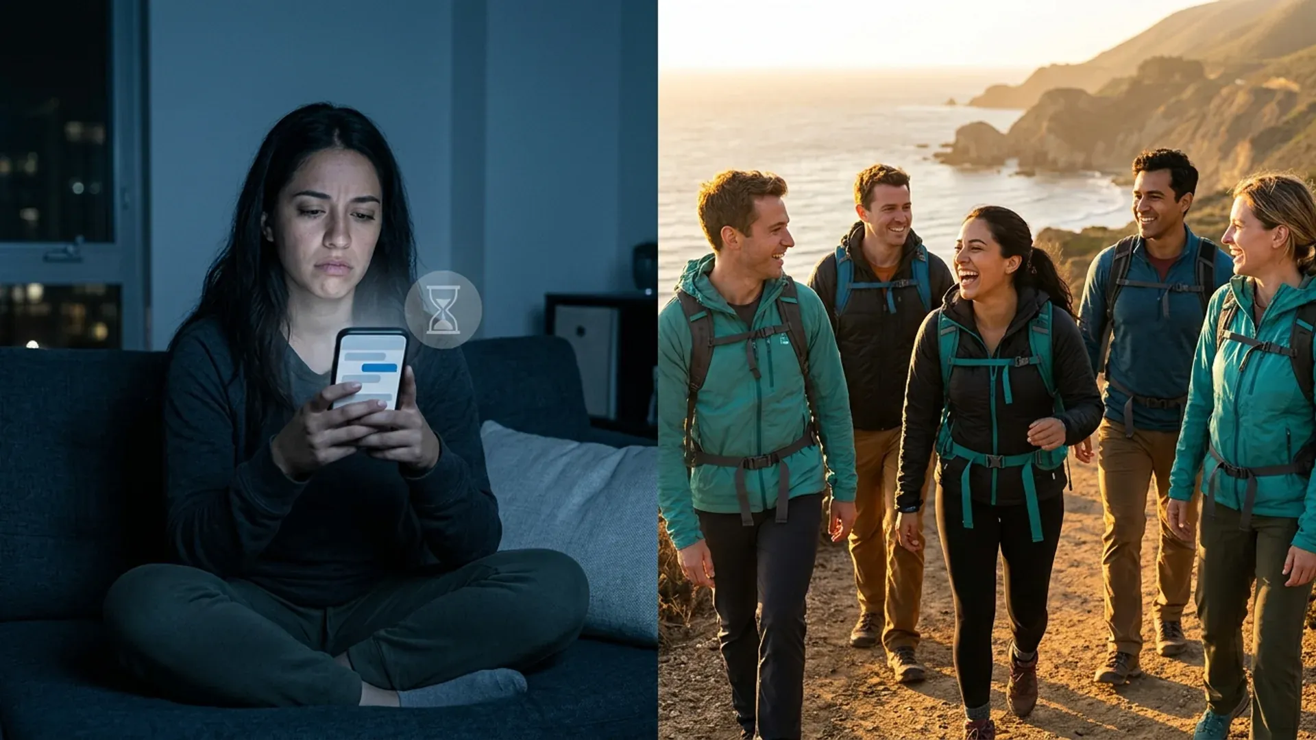 Split-screen contrast: a woman alone at night swiping her phone with a 24-hour timer hourglass overlay vs the same woman laughing with diverse friends hiking a California coastal trail at golden hour