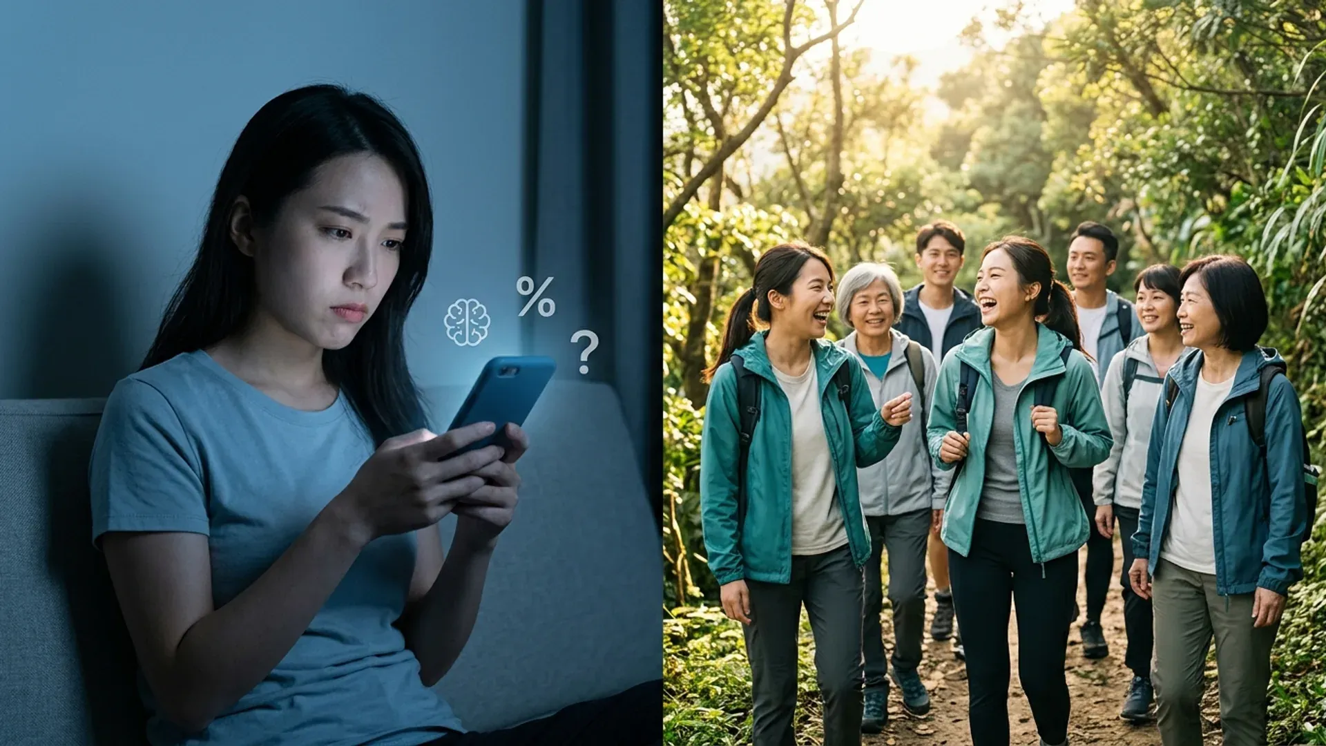 對比畫面：左側女生在家中夜晚滑著手機，旁邊飄著腦袋與百分比符號隱喻 MBTI 演算法配對；右側同一氛圍下，多人團體在台北山徑健行歡笑互動