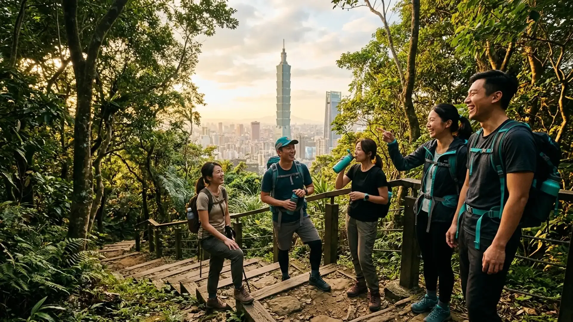一群朋友在台北象山步道上停下來喝水聊天，背景可見黃昏中的台北 101，戶外活動取代滑卡的真實連結