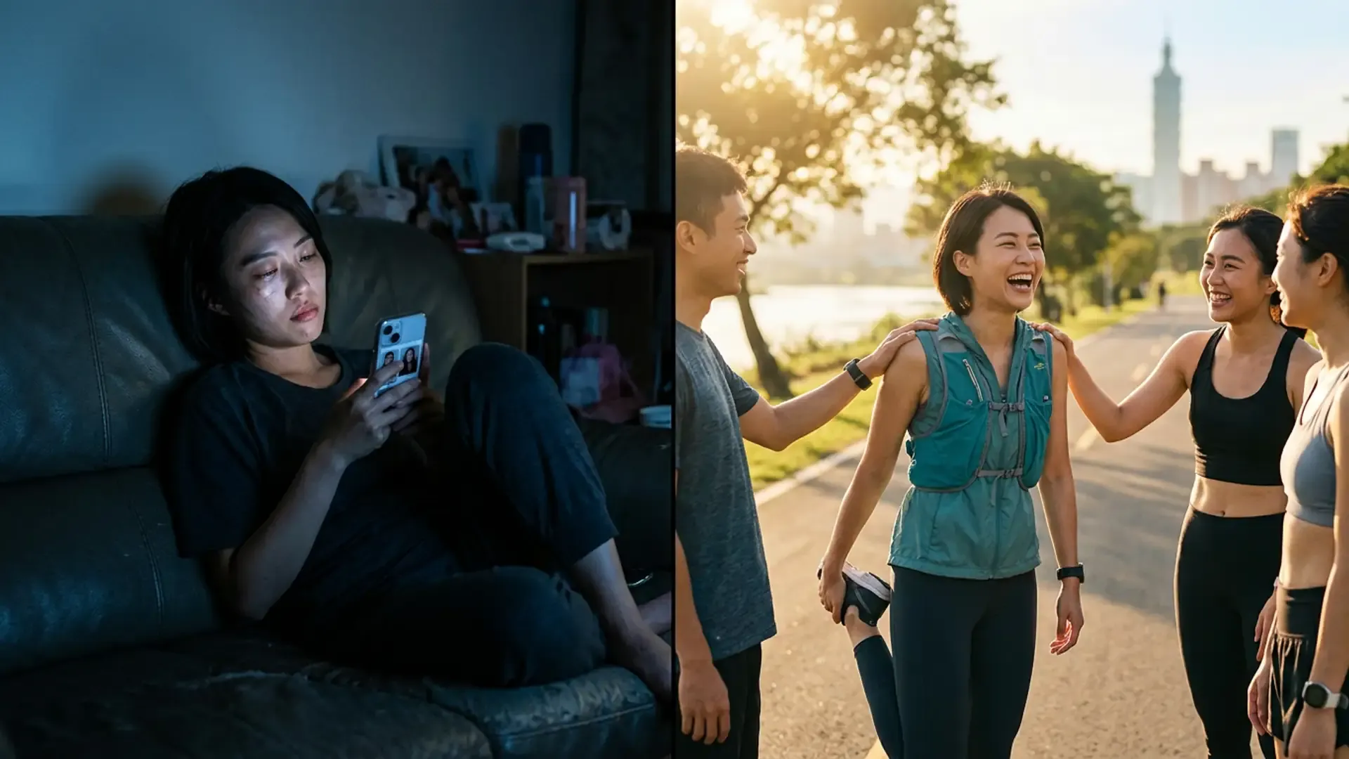 對比畫面：左側女生獨自在沙發上滑交友軟體，右側同一女生在台北河濱與朋友開心準備跑步