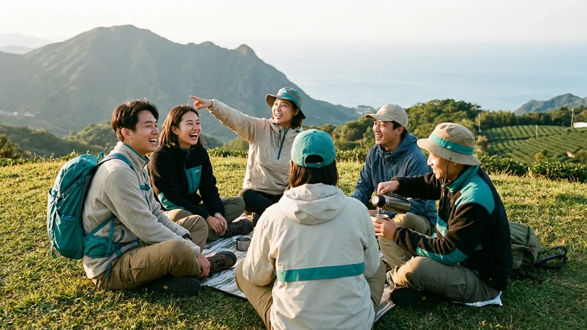 六位年輕朋友在台灣山頂草地上圍坐聊天歡笑，背景是壯麗的山海景色，展現團體戶外交友的自然氛圍