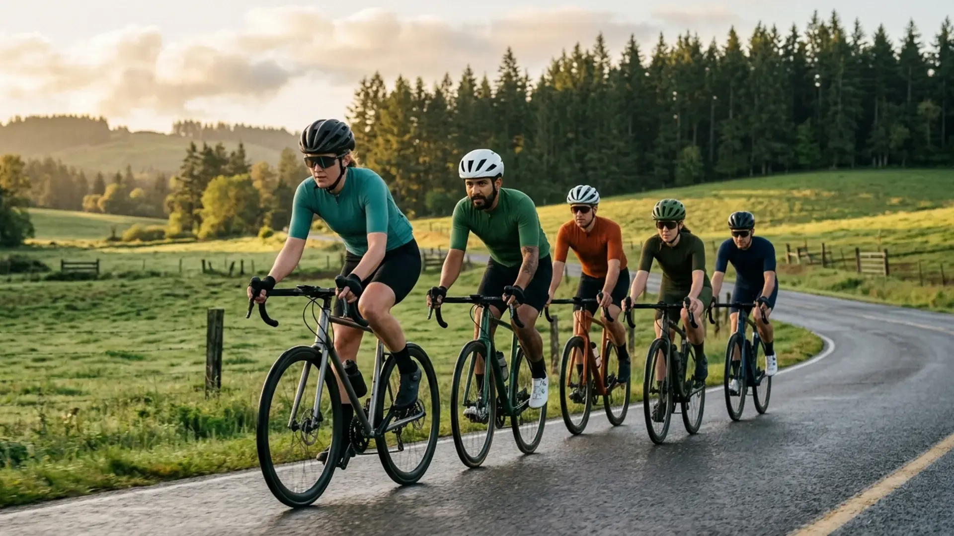 Five road cyclists riding together in a paceline on a quiet rural road in the Pacific Northwest at sunrise