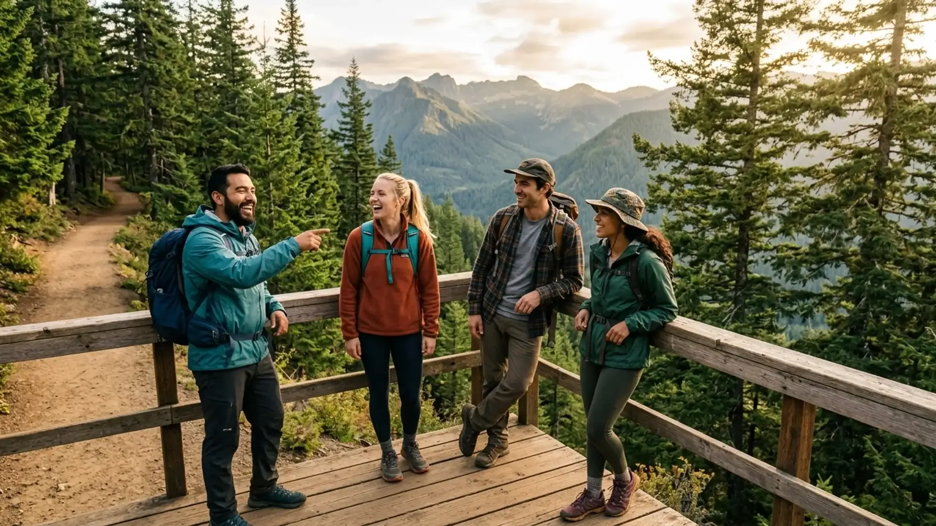 Diverse group of friends laughing at a mountain overlook on a Pacific Northwest hiking trail during golden hour