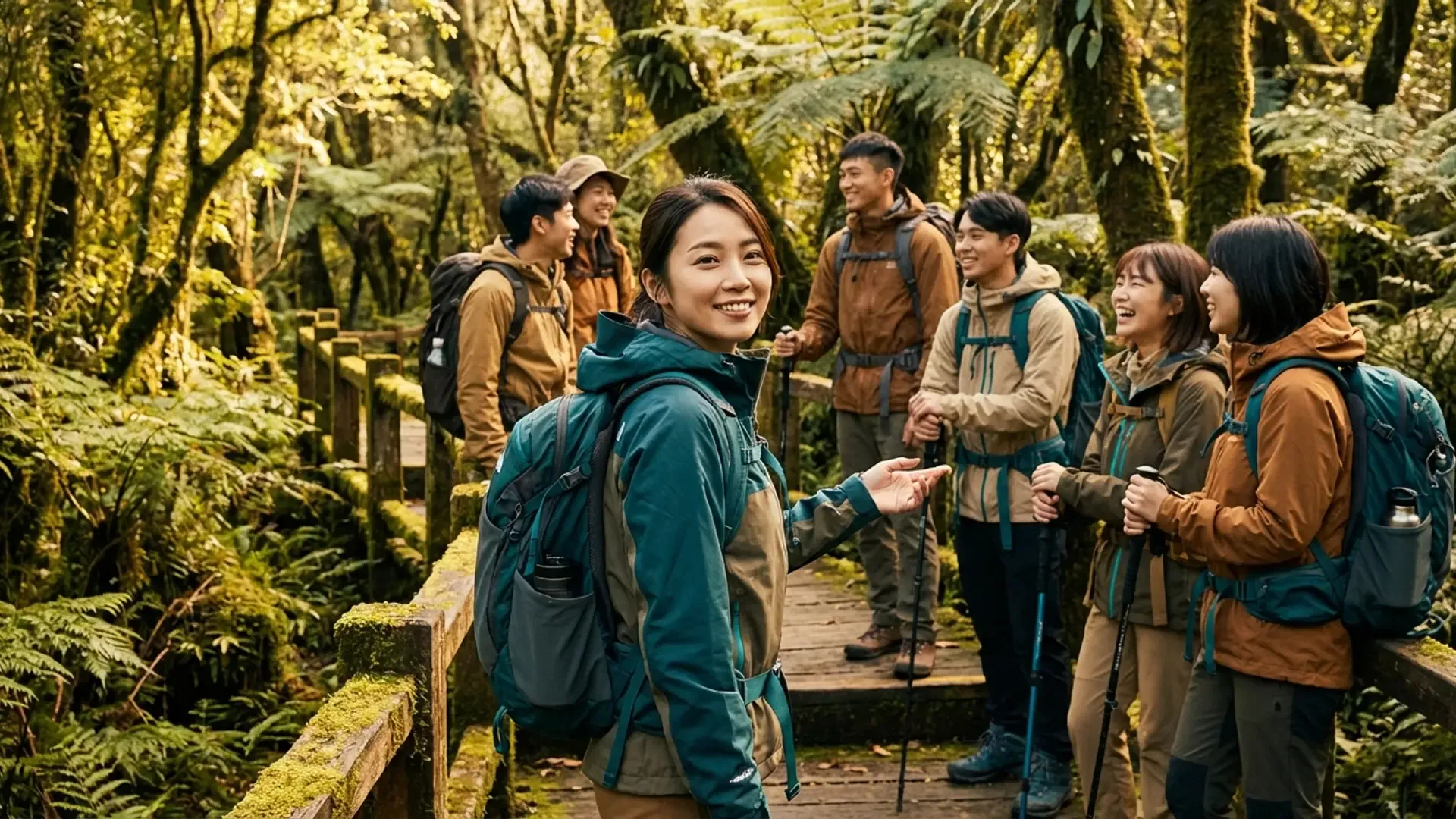 年輕台灣女性主辦人帶領一群朋友在山林步道上健行，回頭微笑指向前方