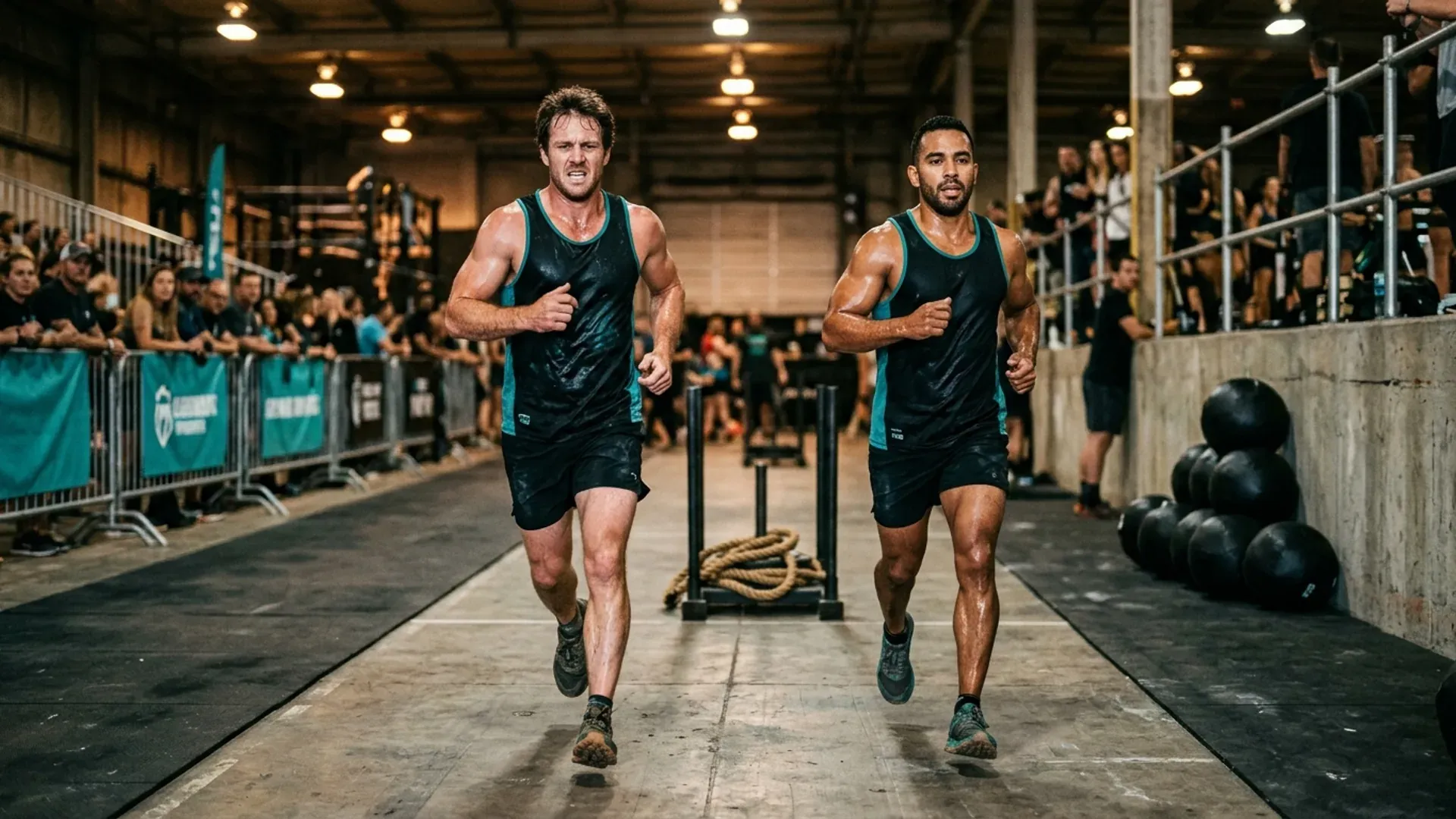 Two athletes running side by side at matched pace on the indoor course of a hybrid fitness race, with a weighted sled and wall balls in the background