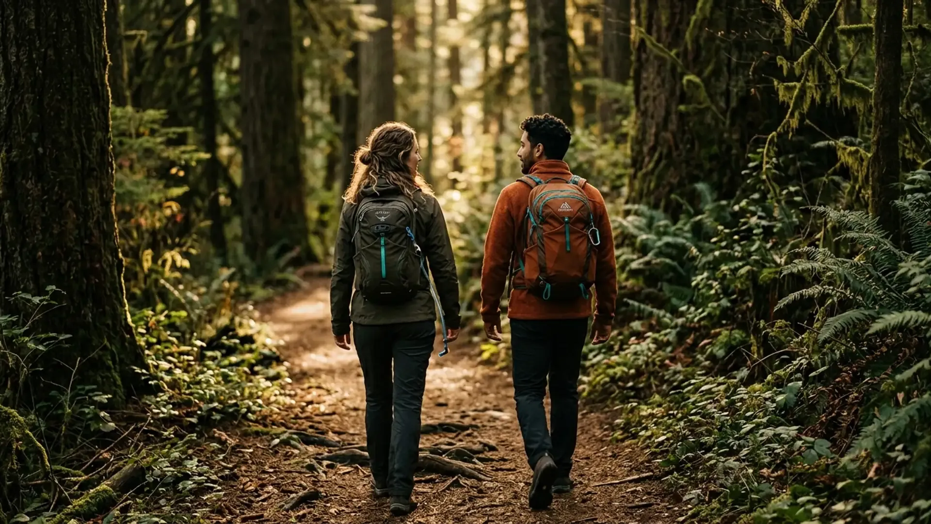 Two hikers walking shoulder-to-shoulder on a peaceful Pacific Northwest forest trail, dappled sunlight through Douglas fir trees