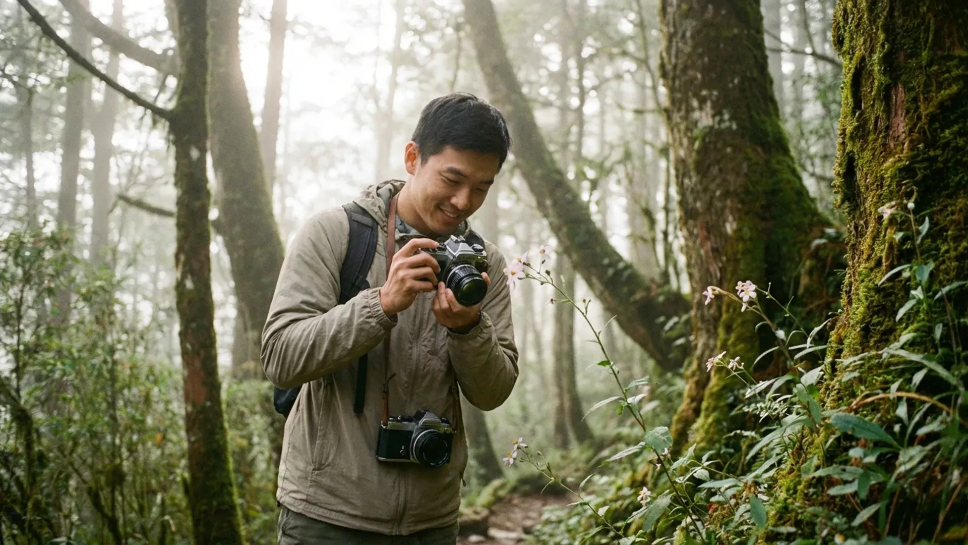 內向的年輕人在安靜的森林步道上拍攝花卉，享受與自然獨處的時光