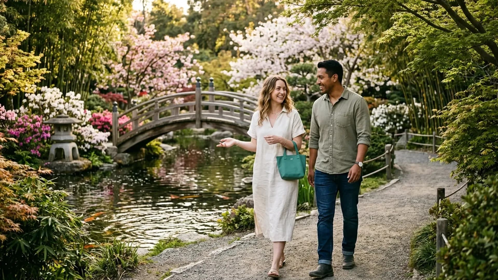 Young couple walking side by side on a gravel path through a Japanese garden section of an LA botanical garden in spring, arched wooden moon bridge over a koi pond with cherry blossoms and azaleas in full bloom around them