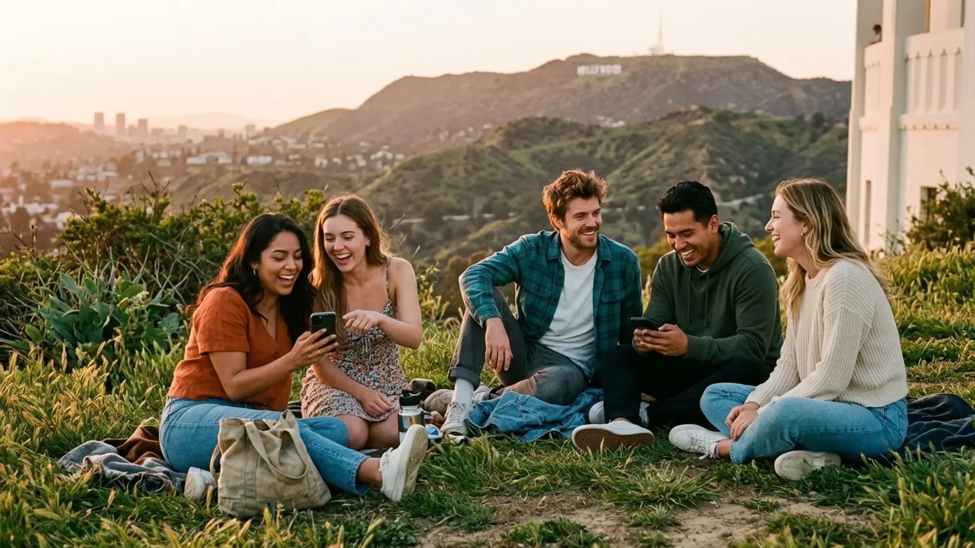 Diverse group of friends sitting on grass at Griffith Observatory overlook in Los Angeles at golden hour, laughing and socializing with phones and backpacks
