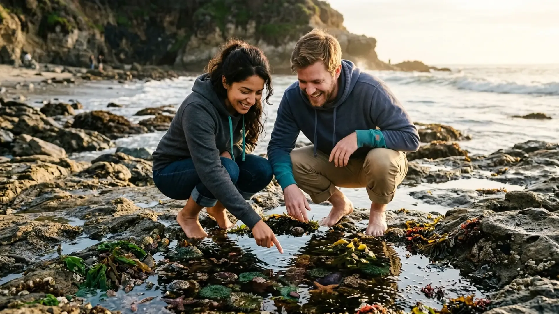 A young couple crouching together at tide pools along a Malibu beach at low tide, discovering sea anemones and small crabs, capturing the unhurried curiosity of a non-dinner first date in Los Angeles